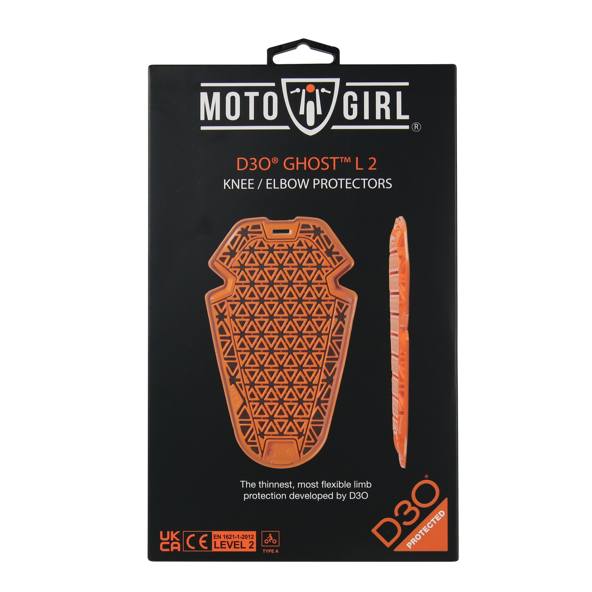 A pack of orange D30 ghost LEVEL 2 knee and elbow protectors from MotoGirl