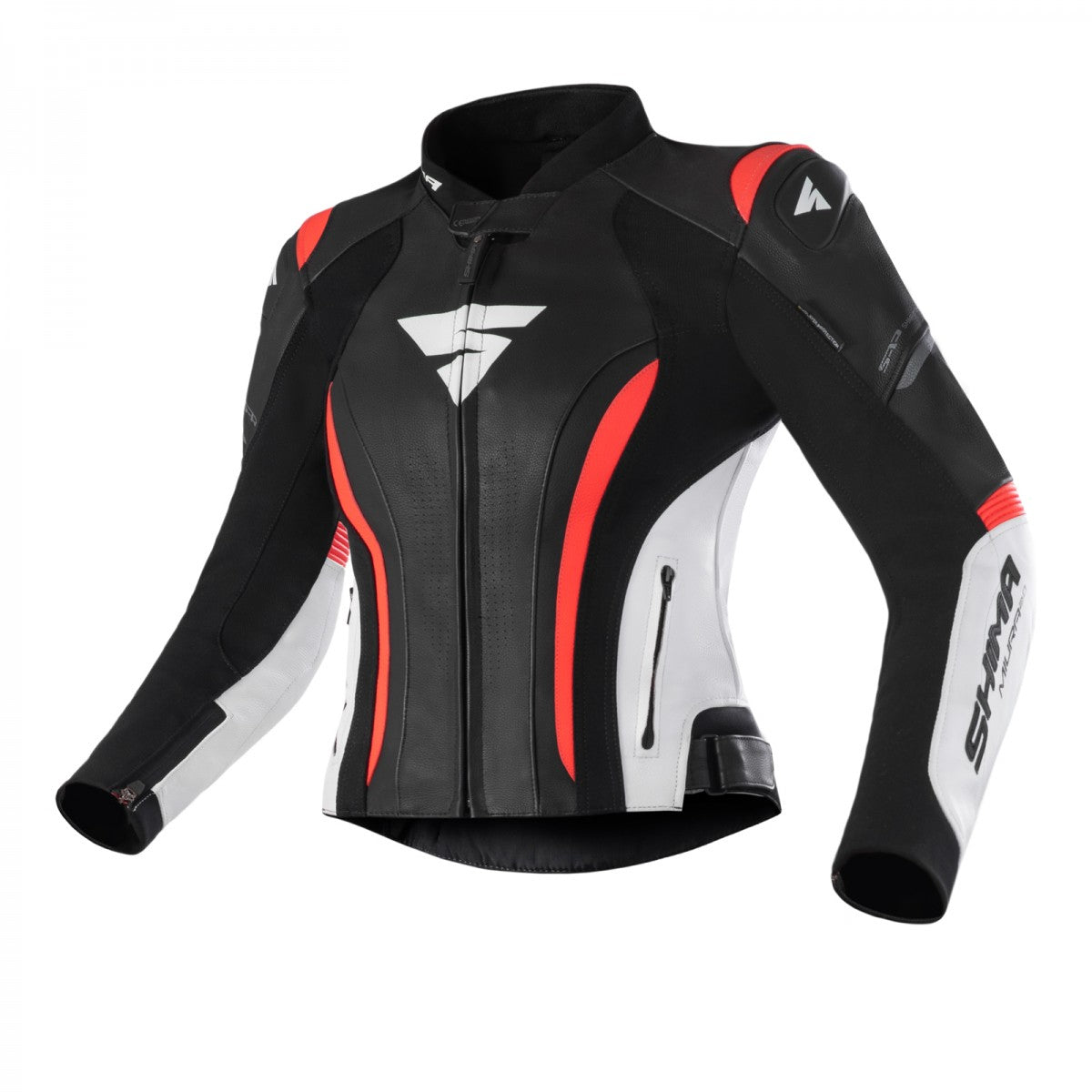 SHIMA MOTORCYCLE LEATHER JACKET IN BLACK FLUO, WHITE AND RED FLUO