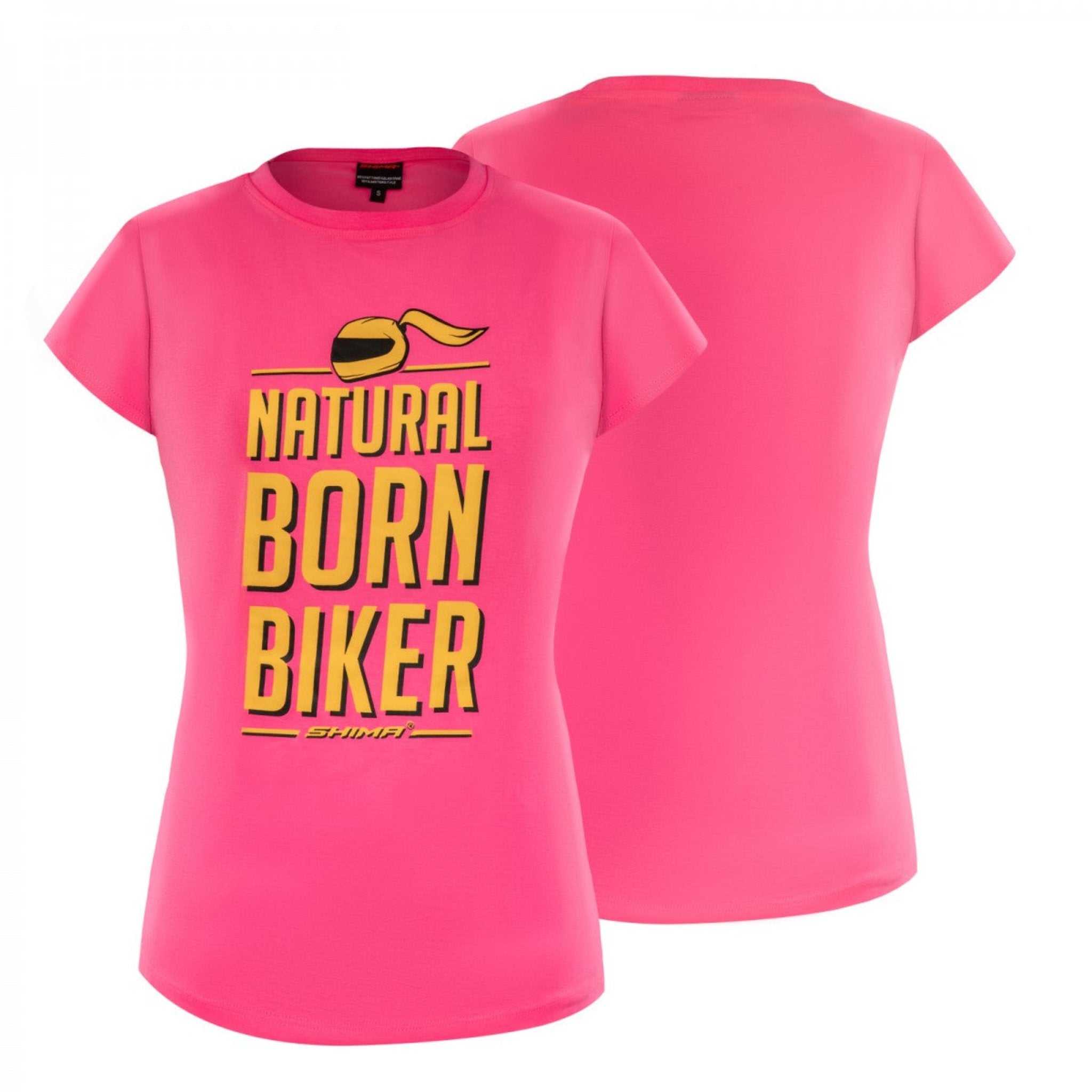 Pink t-shirt from Shima with yellow text &quot;Natural Born Biker&quot; and the back of the pink t-shirt