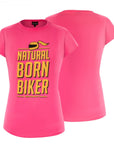 Pink t-shirt from Shima with yellow text "Natural Born Biker" and the back of the pink t-shirt