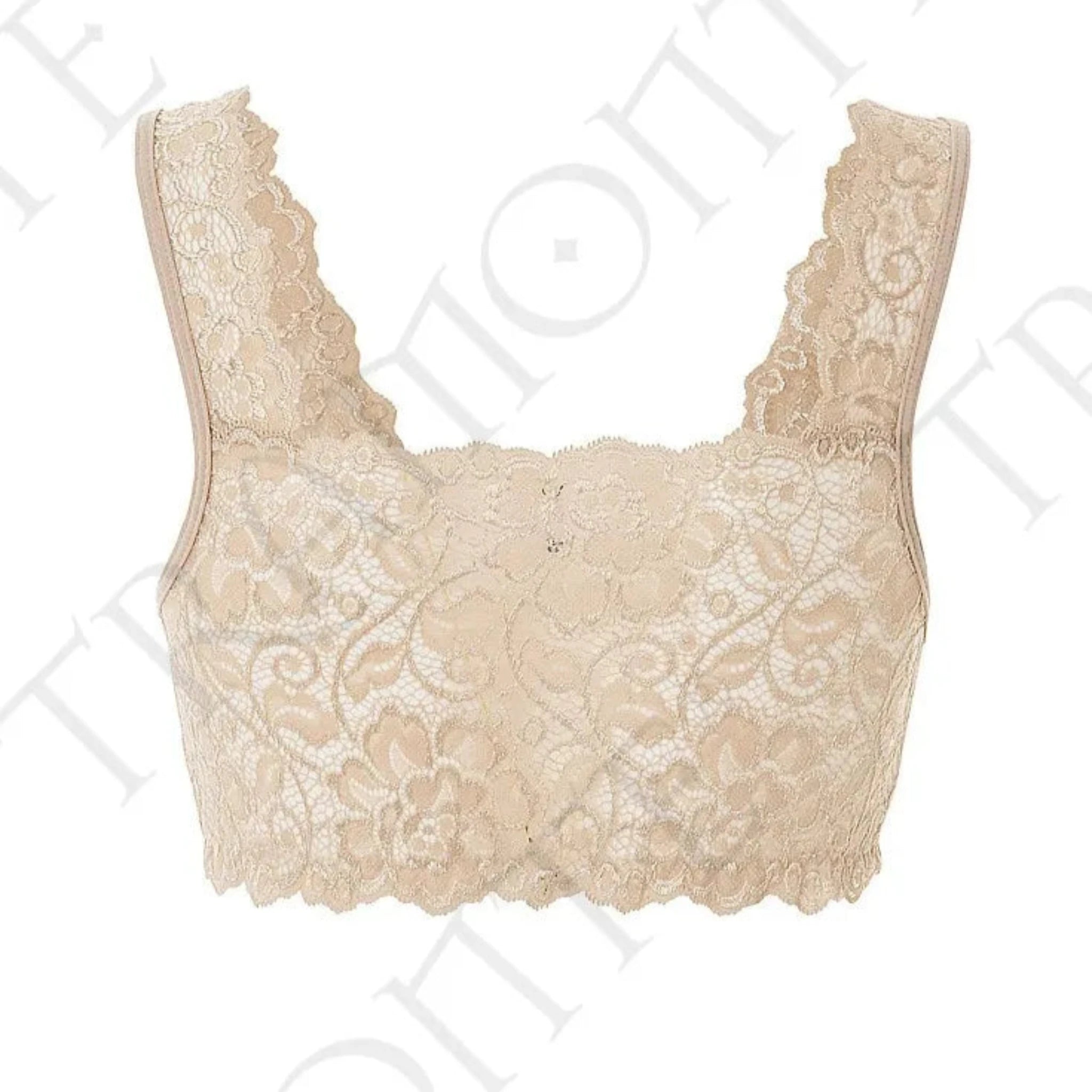 Close-up of the back of a nude-colored wide-shoulder lace bralette from Tramonte.