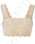 Close-up of the back of a nude-colored wide-shoulder lace bralette from Tramonte.