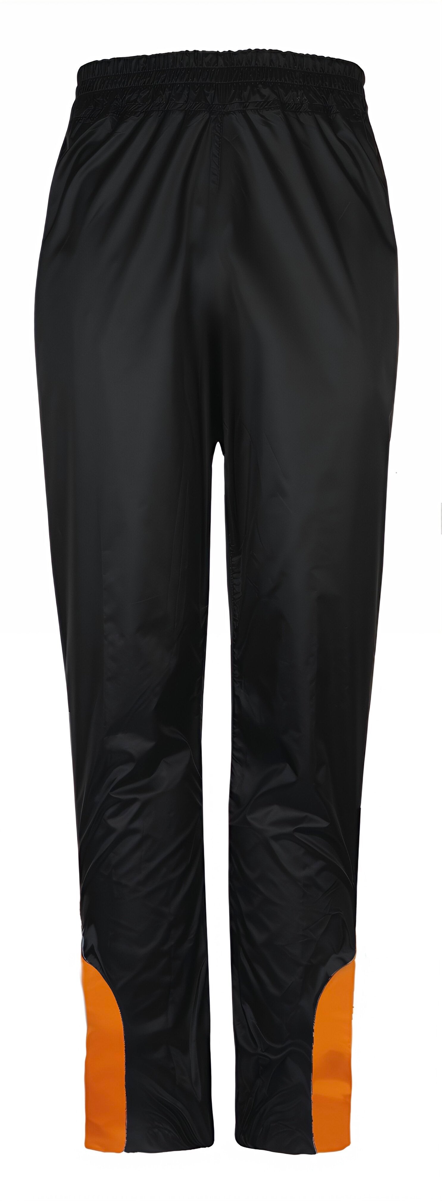 Black pants with orange accents on a white background