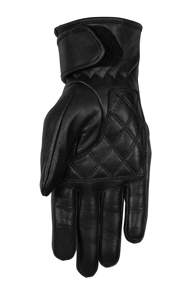 A palm side of a black leather lady motorcycle glove with a zipper from Rusty Stitches 