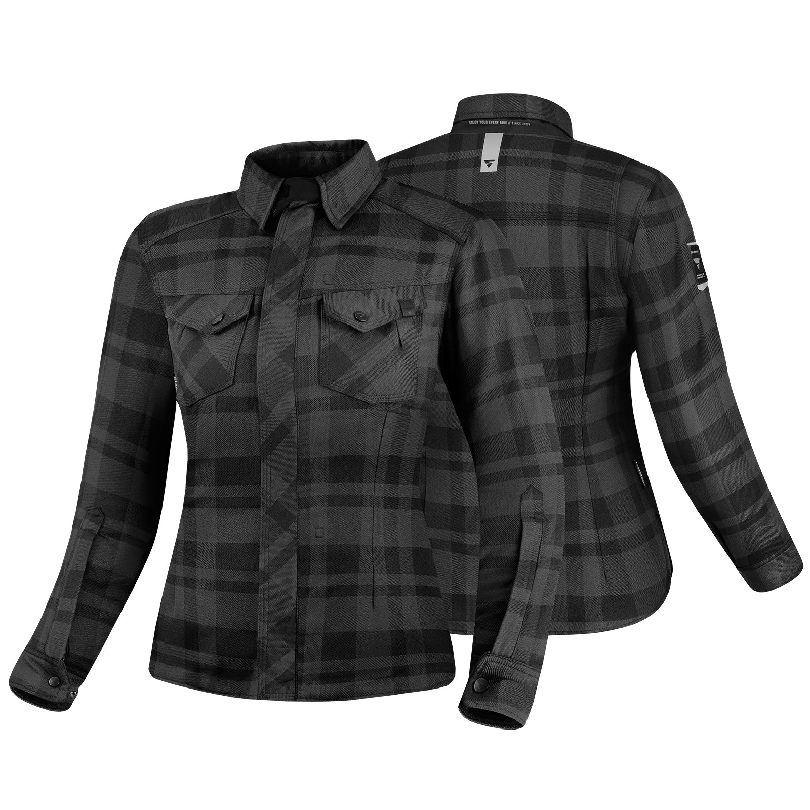 Black and grey lumberjack style women&#39;s motorcycle shirt from Shima 