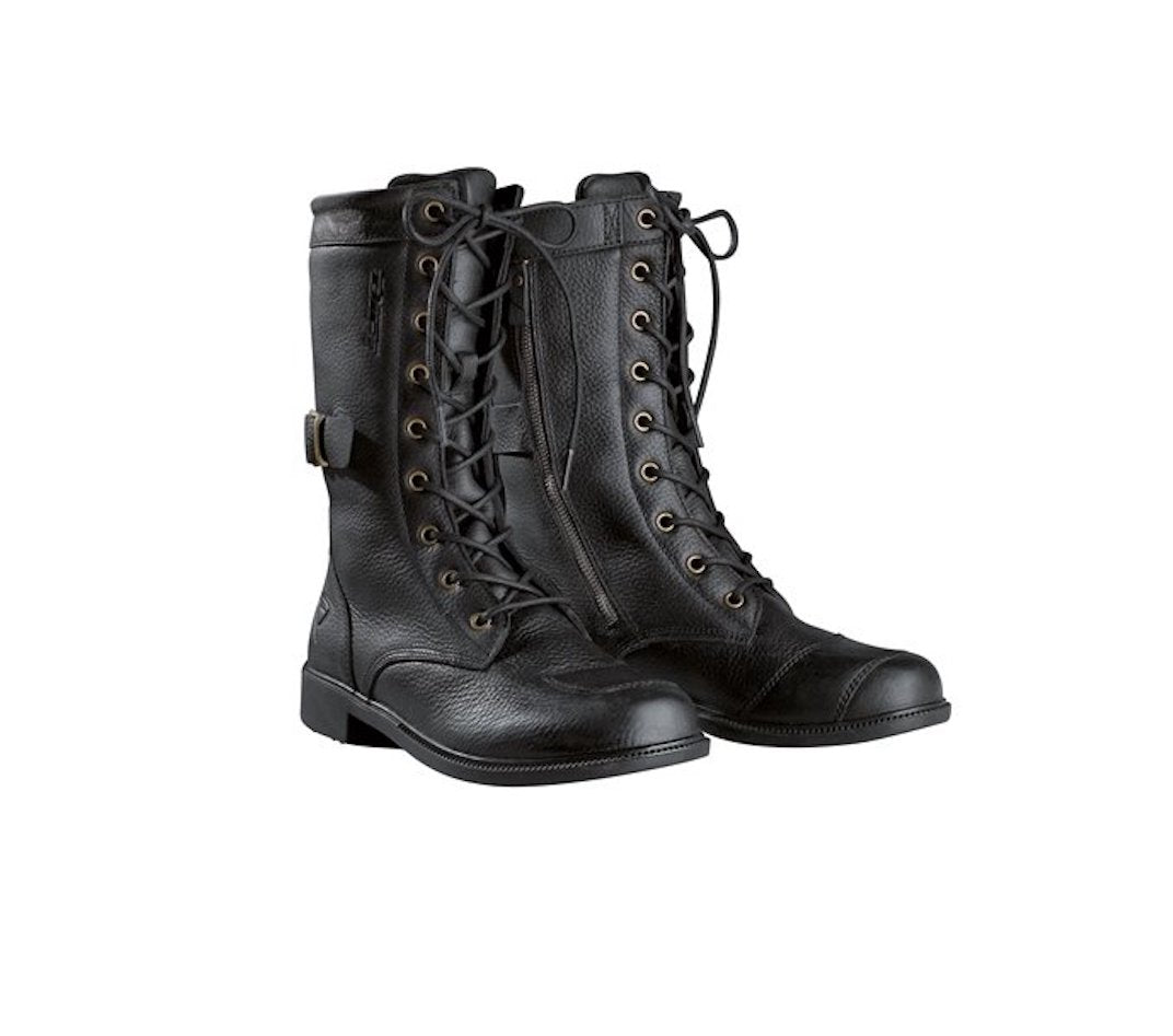 Black long army style leather women's motorcycle boots