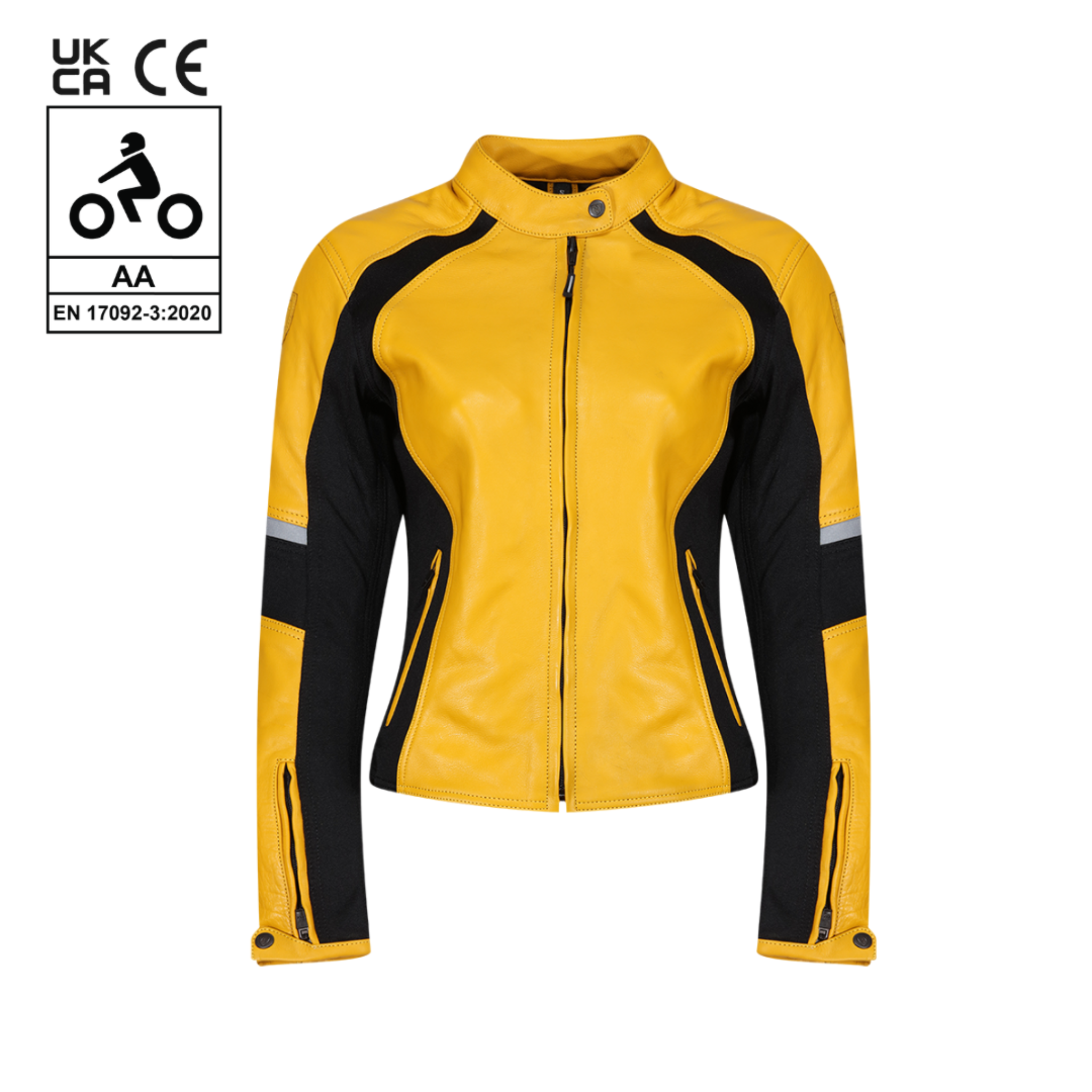 Yellow and black leather women&#39;s motorcycle jacket with reflectors on the sleeves from Moto Girl, featuring safety ratings