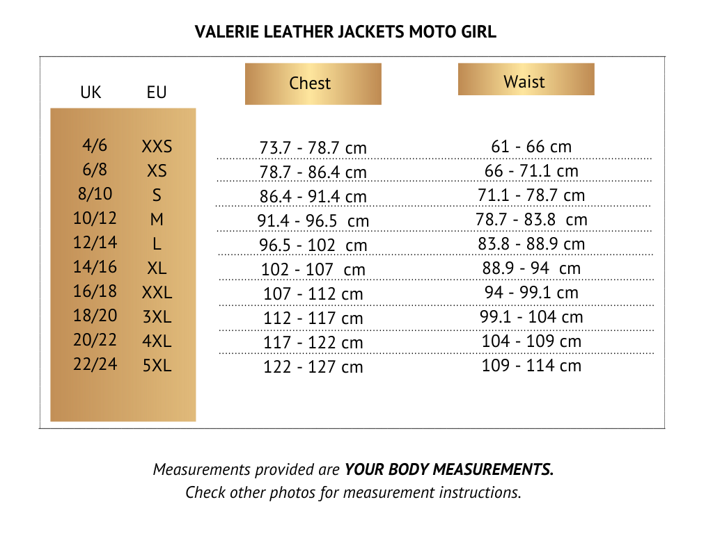 Size chart of Valerie leather women&#39;s motorcycle jacket from Moto girl 