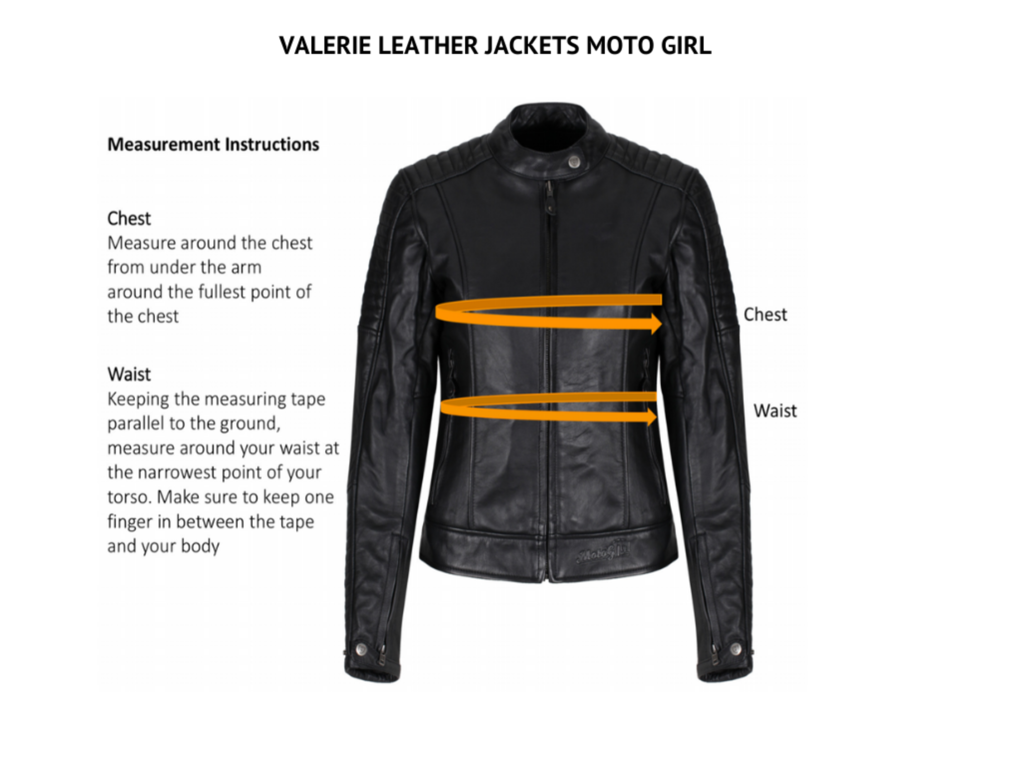 Measurement instructions for women motorcycle leather jacket Valerie from MotoGirl