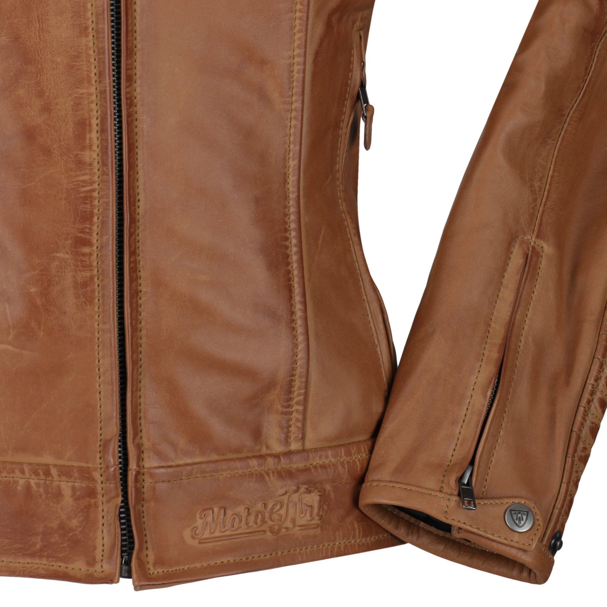 close up of sleeve camel leather Valerie jacket from moto girl with zip detail 