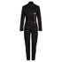 Black garage suit for women from MotoGirl from front and with red, orange and yellow stripe details