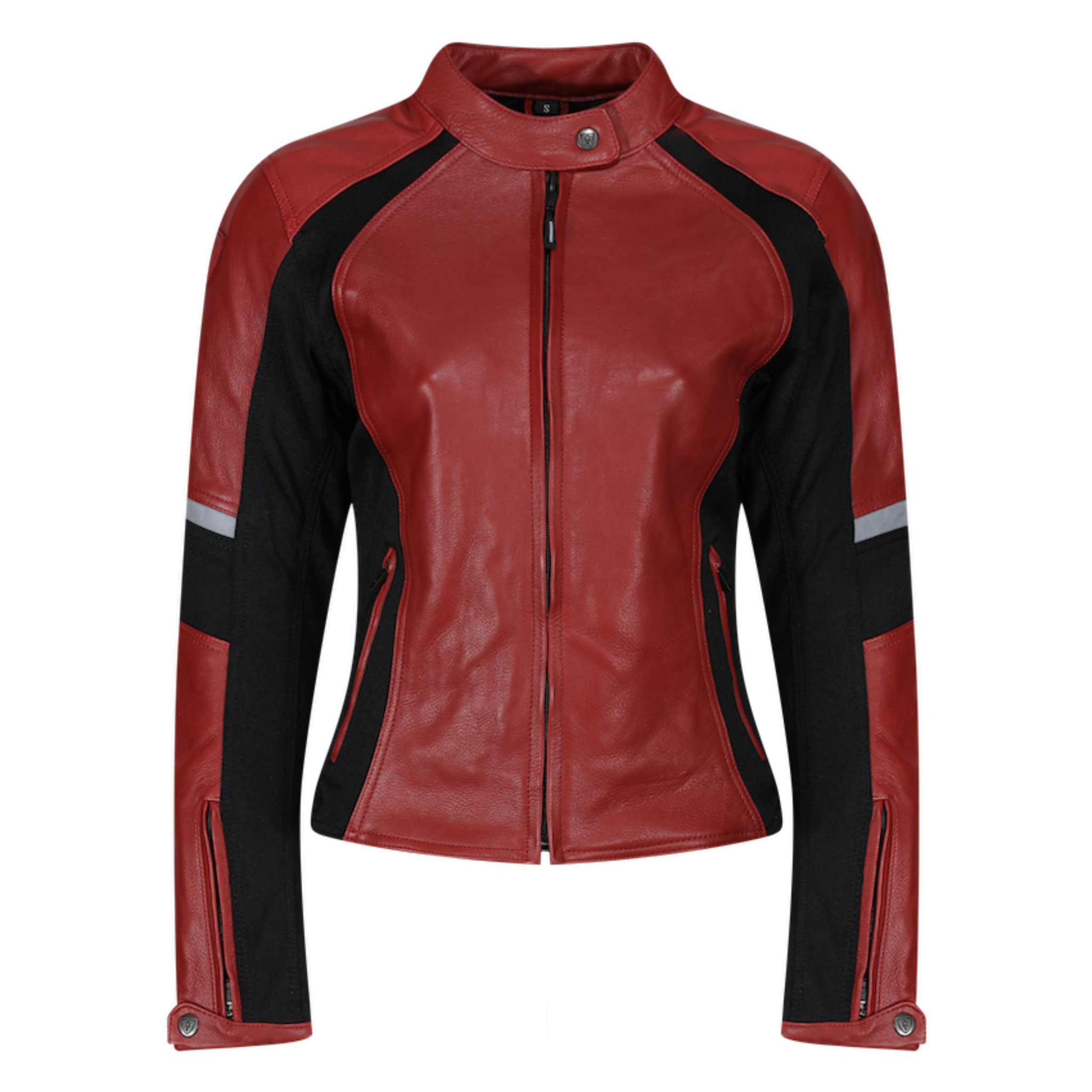 Red leather women&#39;s motorcycle jacket with reflectors on the sleeves from Moto Girl