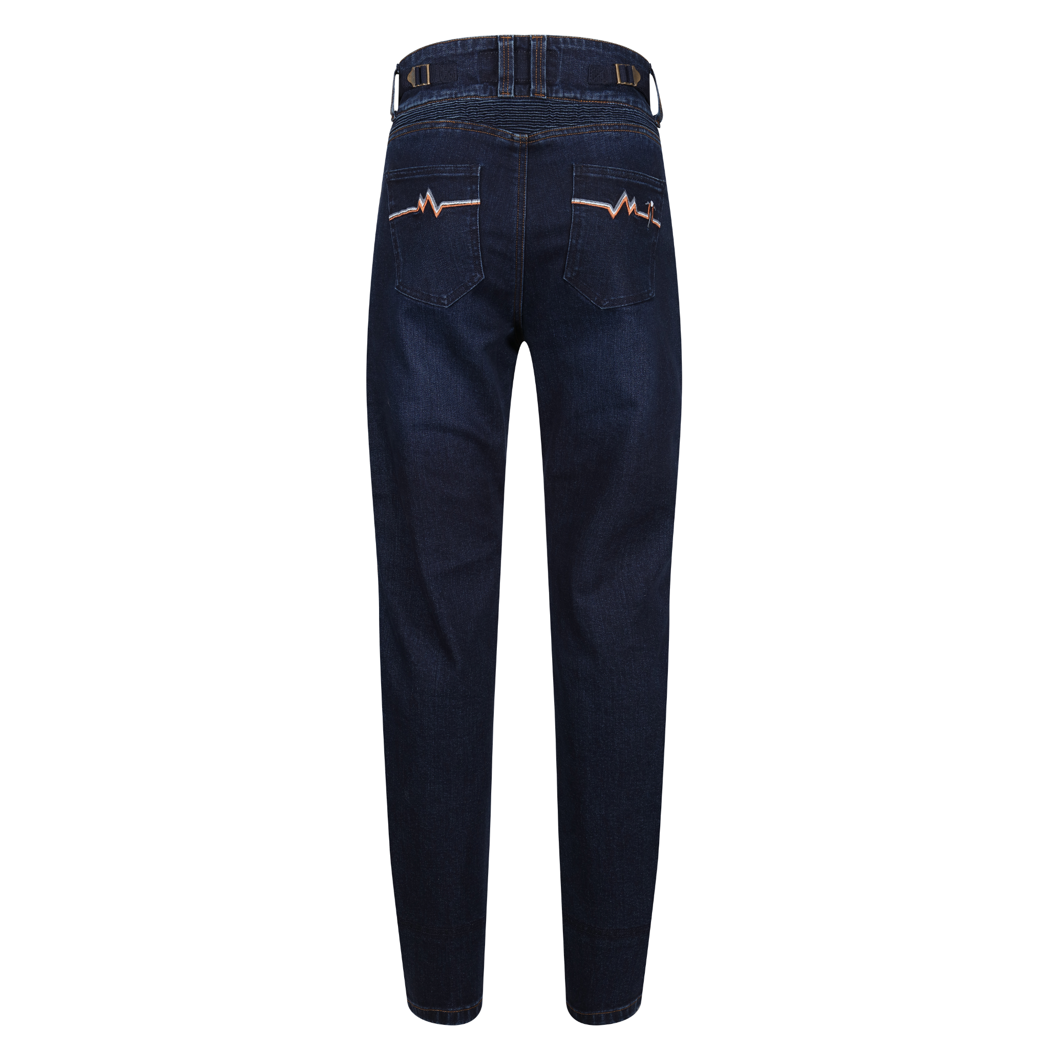 The back of blue  women's motorcycle jeans with heartbeat detail on the pockets from Moto Girl