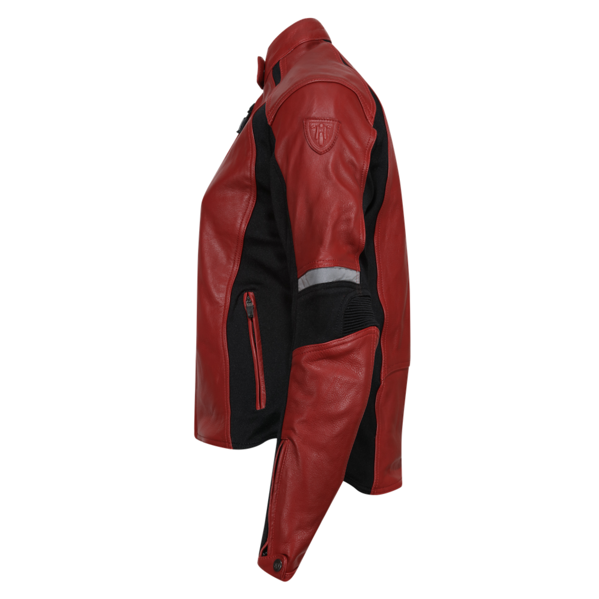 Red leather women&#39;s motorcycle jacket with a reflector on the side from Moto Girl