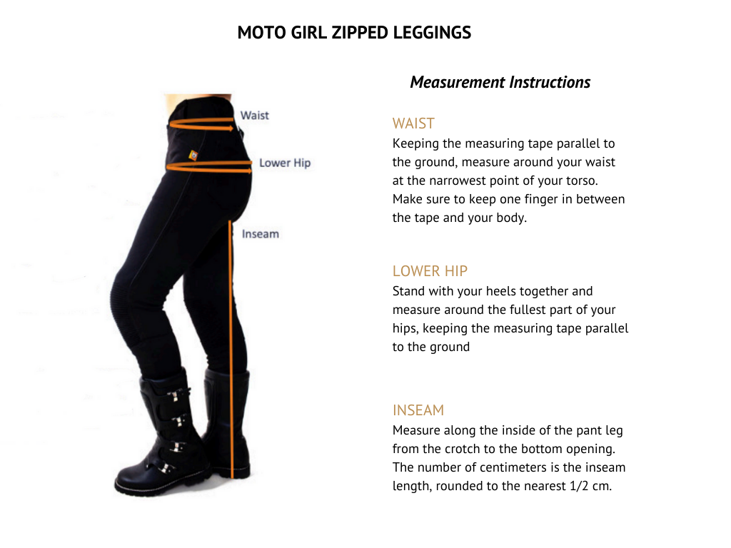 Measurement instructions for female motorcycle zipped leggings  from MotoGirl