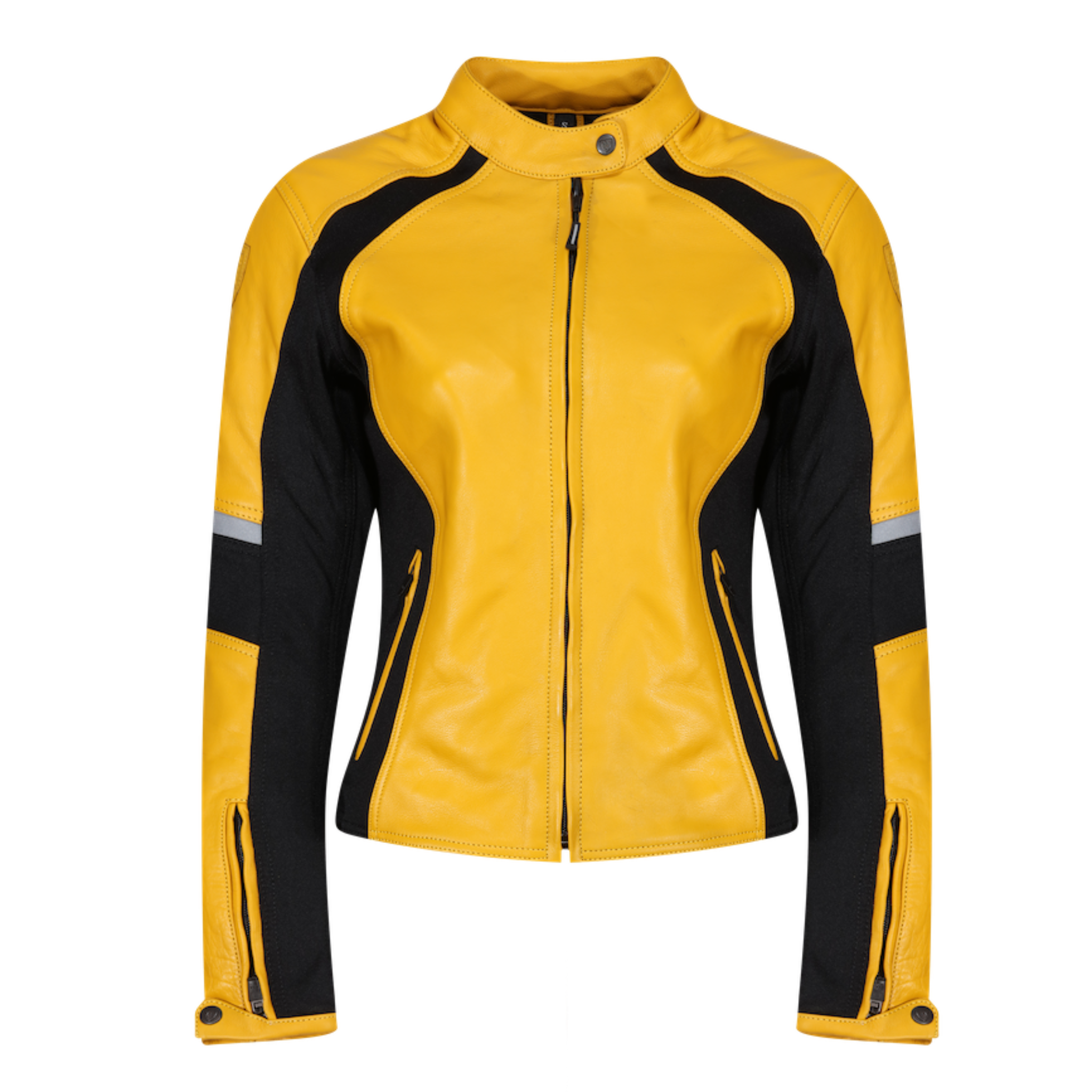 yellow and black leather women&#39;s motorcycle jacket with reflectors on the sleeves from Moto Girl.