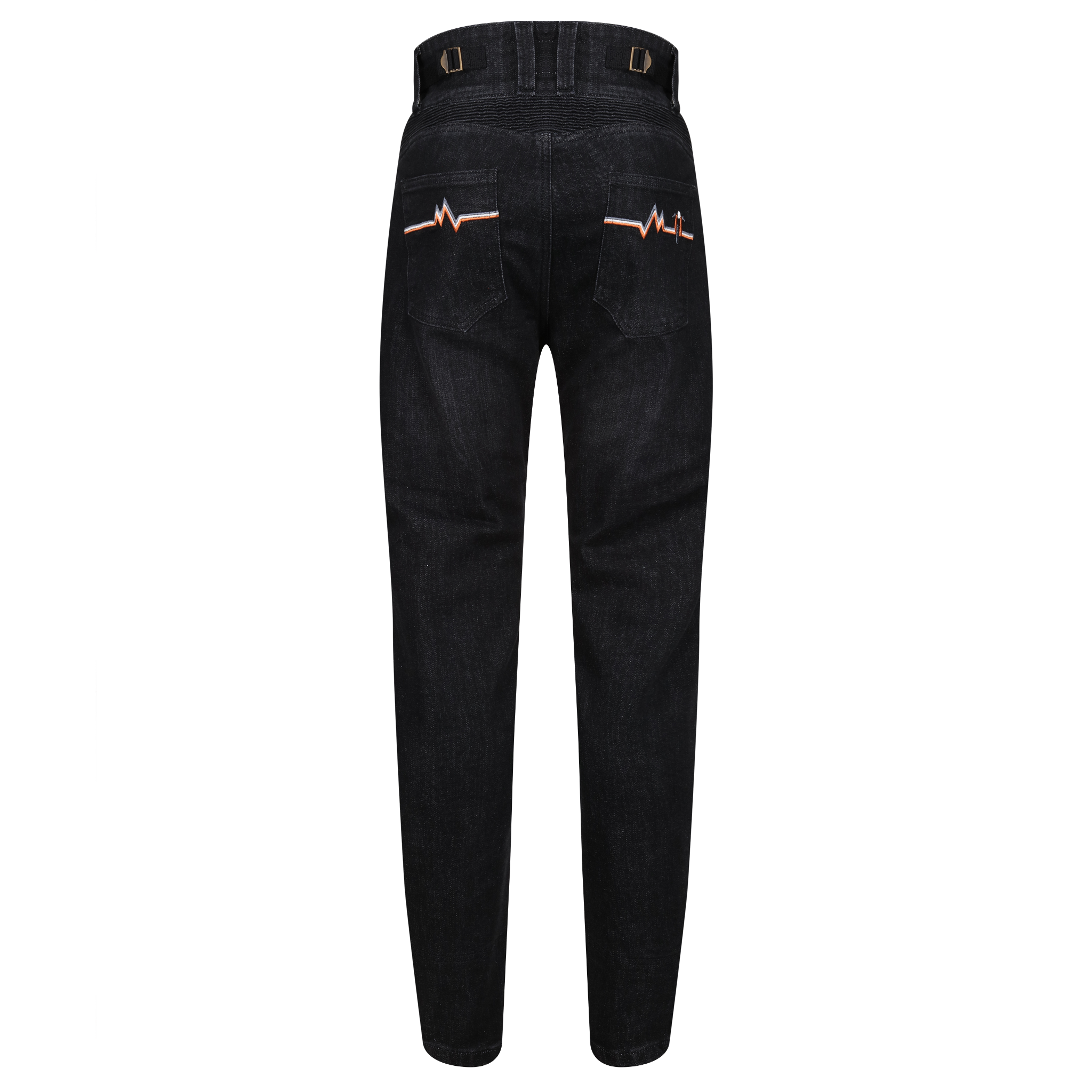 The back of black women&#39;s motorcycle jeans with heartbeat detail on the pockets from Moto Girl