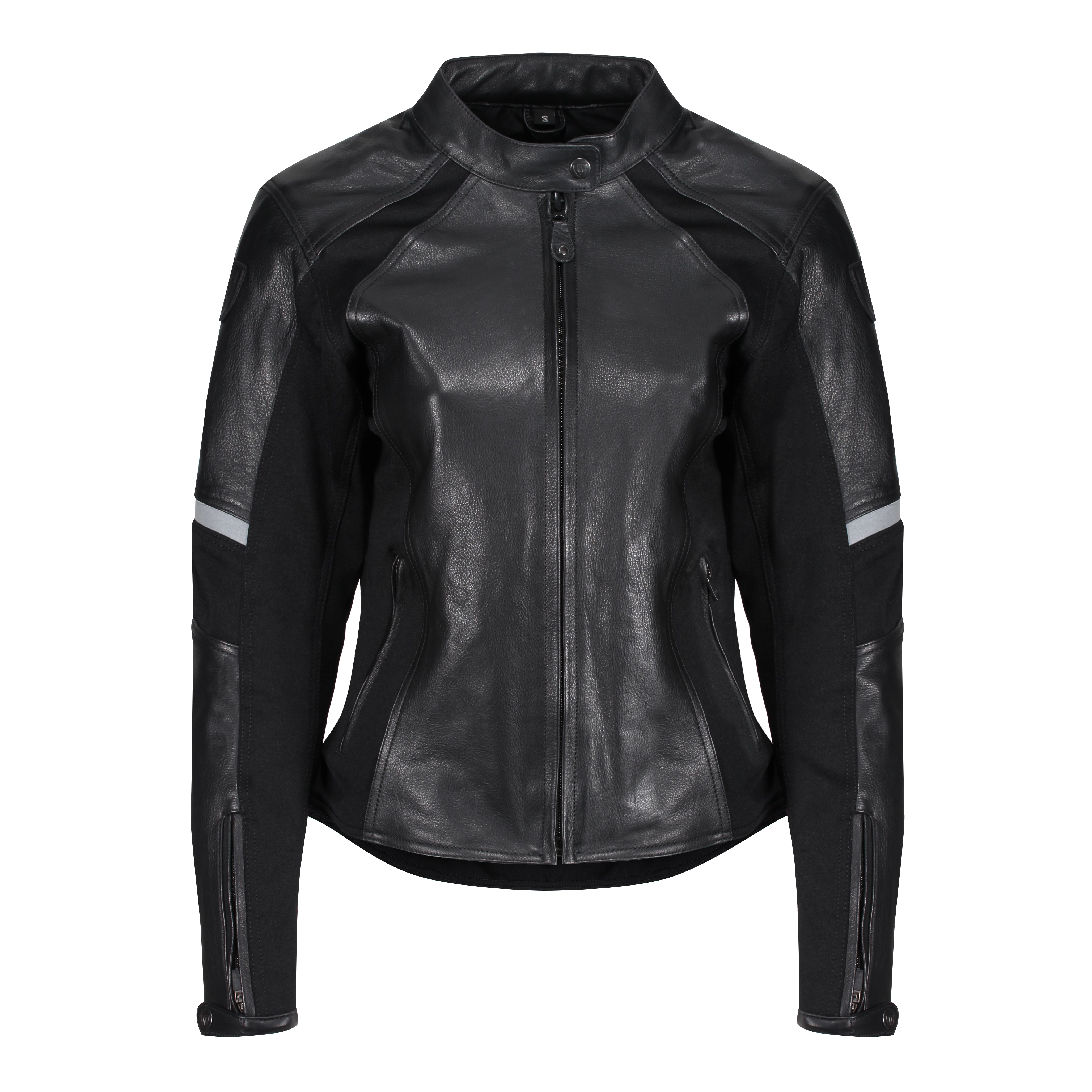 Black leather women&#39;s motorcycle jacket with reflectors from Moto Girl 