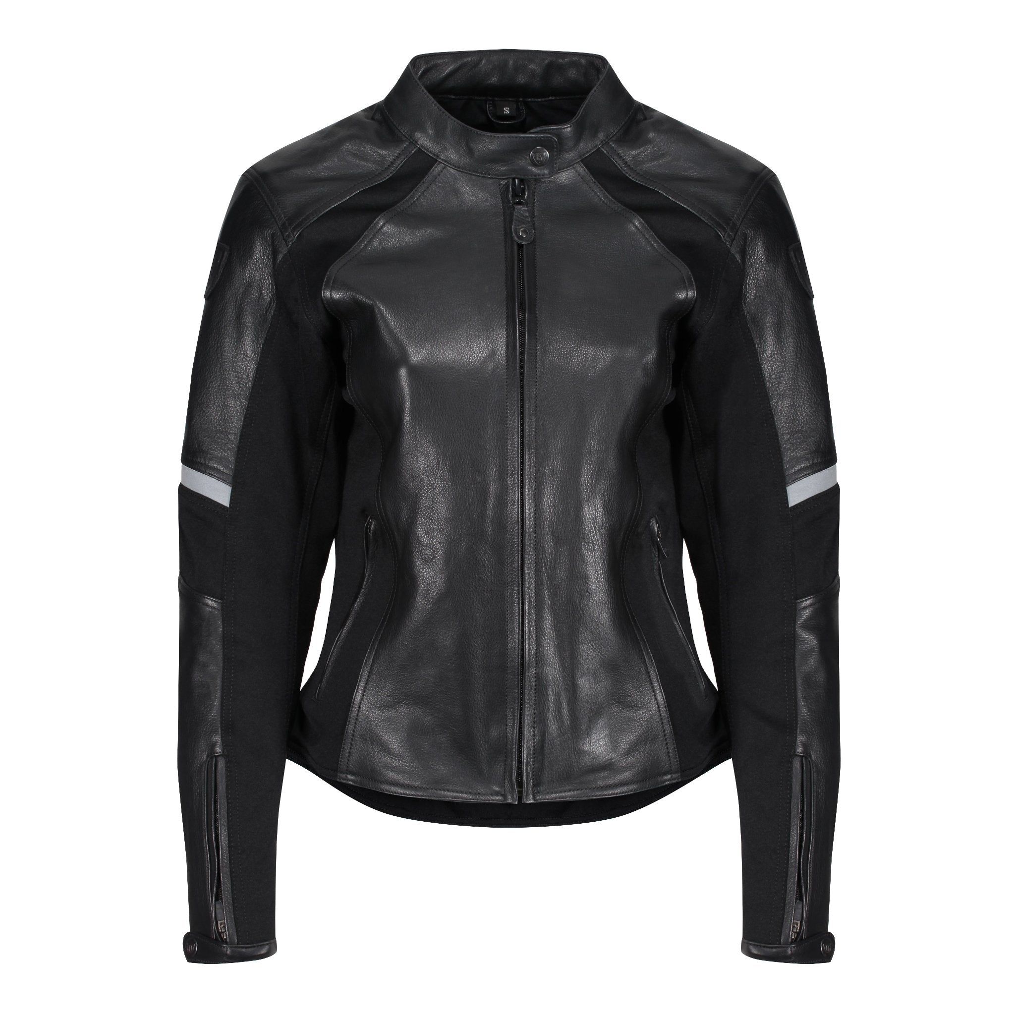 Black leather women&#39;s motorcycle jacket with reflectors on the sleeves from Moto Girl 