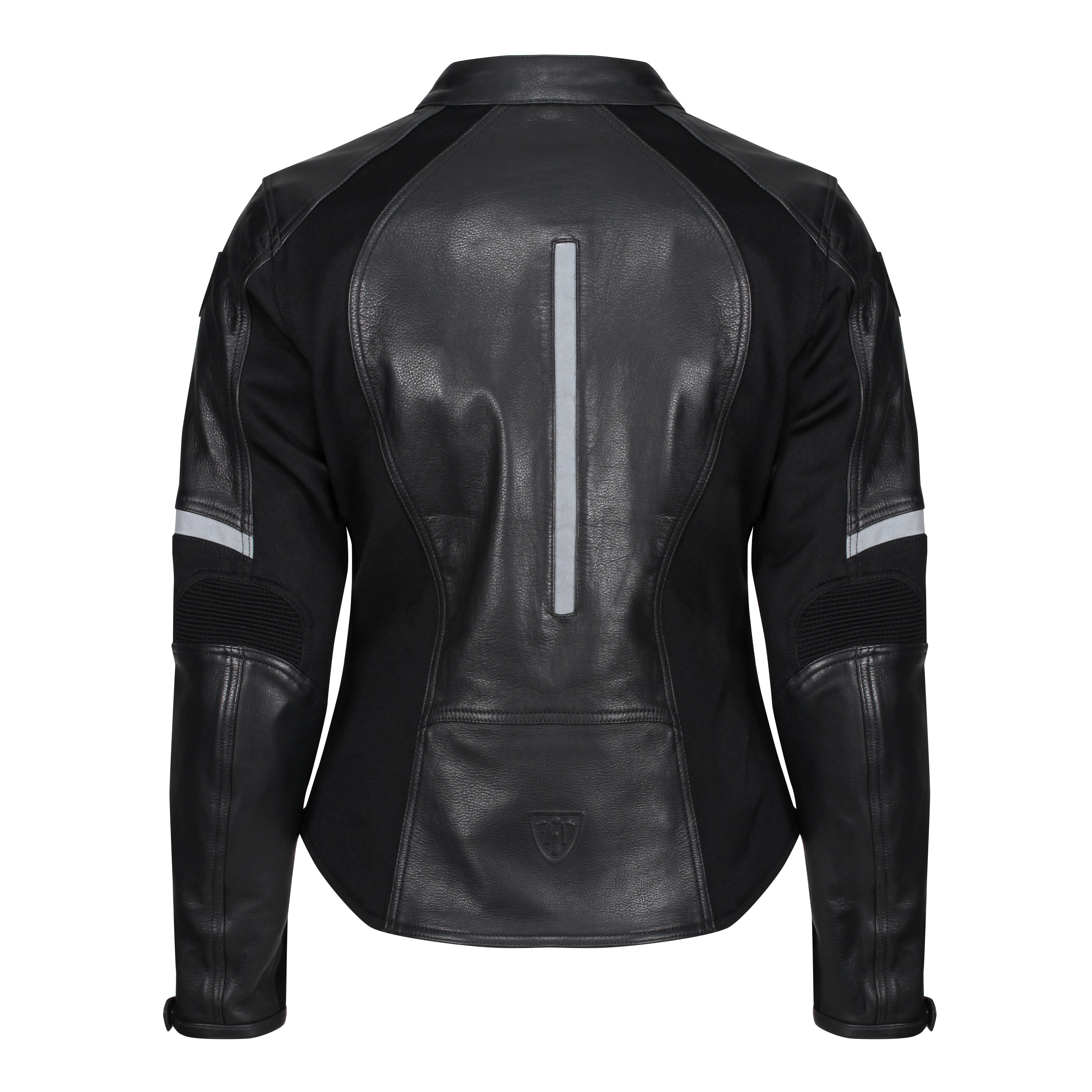 The back of black leather women&#39;s motorcycle jacket with reflectors from Moto Girl 