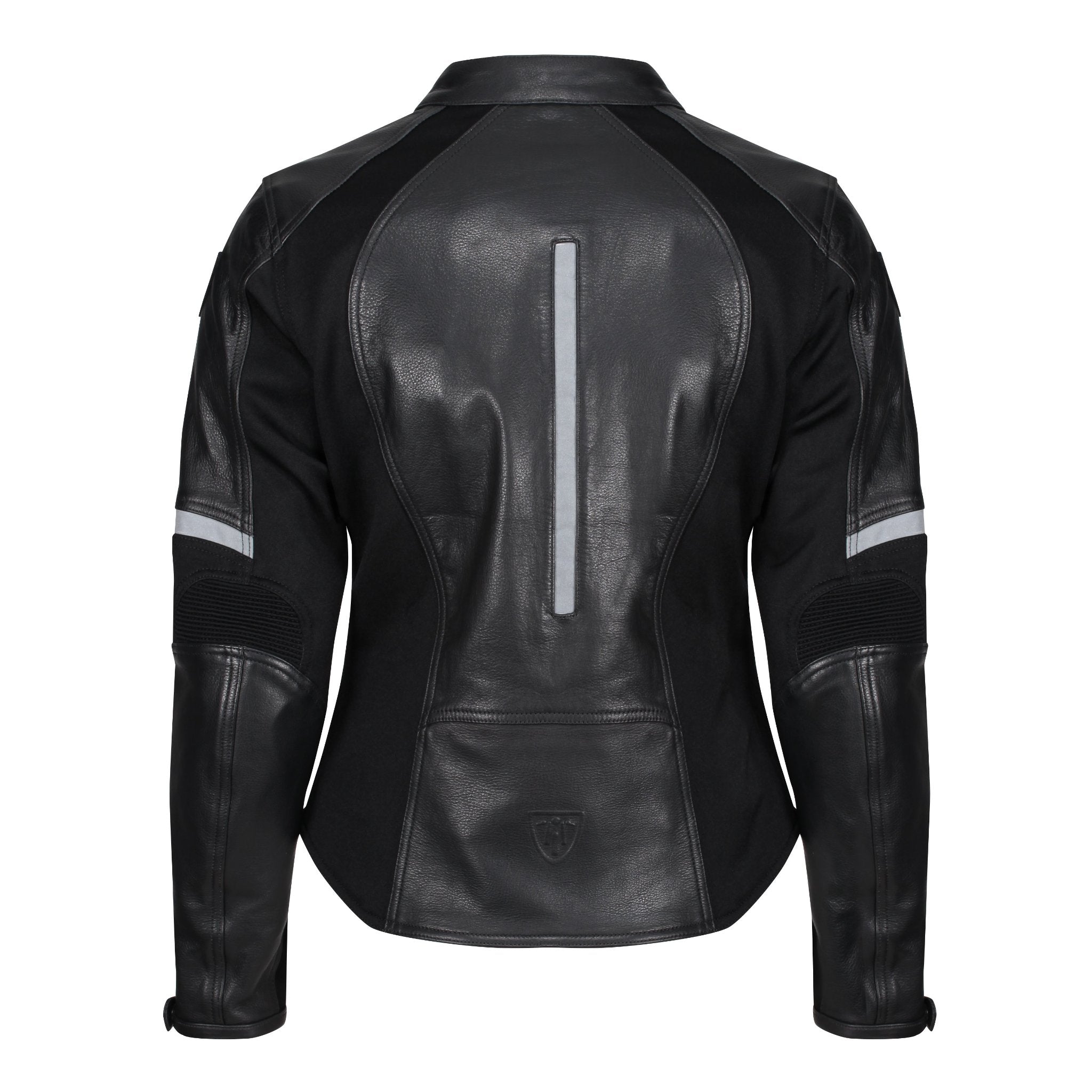 The back of a black leather women&#39;s motorcycle jacket with reflectors on the back and sleeves from Moto Girl