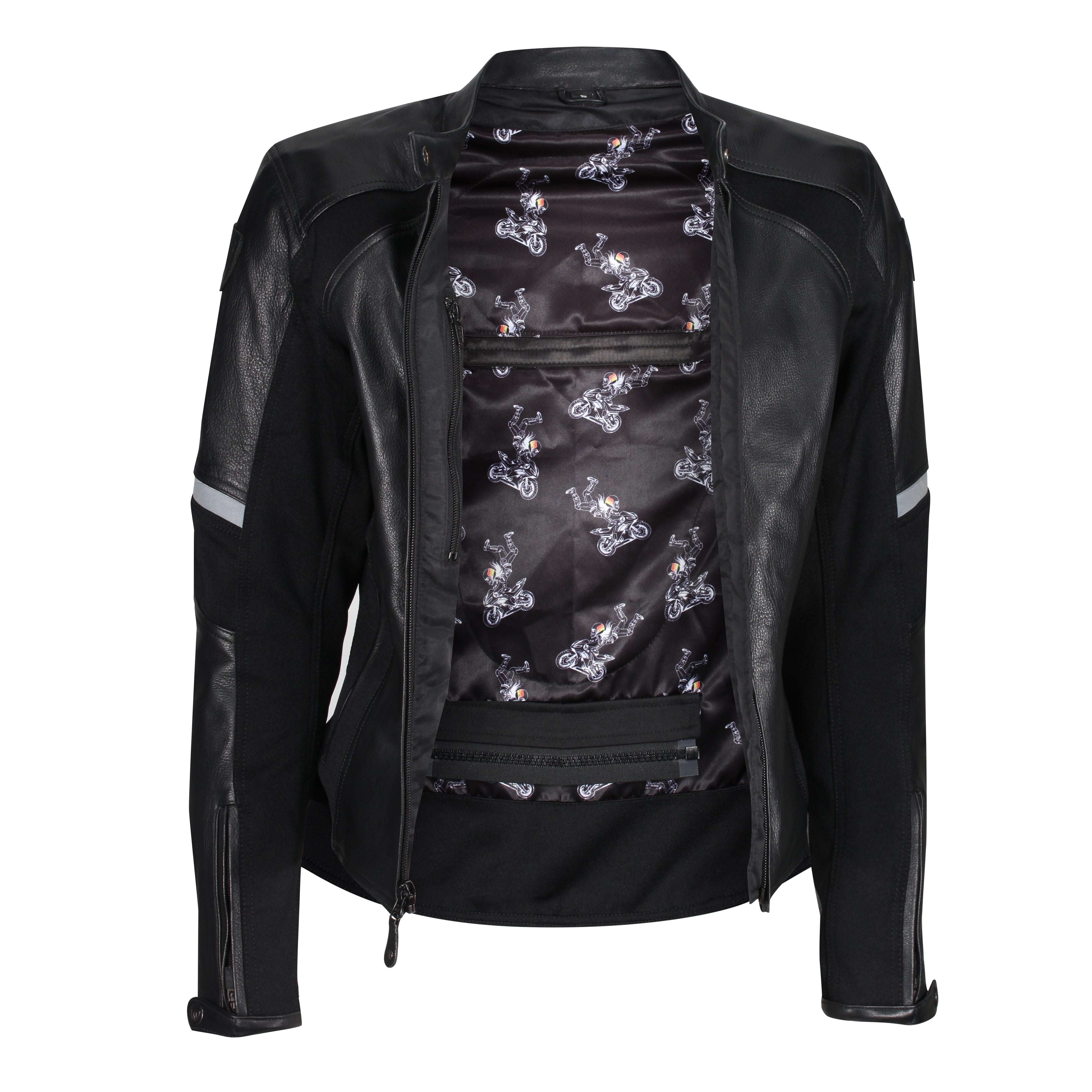 The inner part of the Black leather women&#39;s motorcycle jacket with reflectors from Moto Girl 