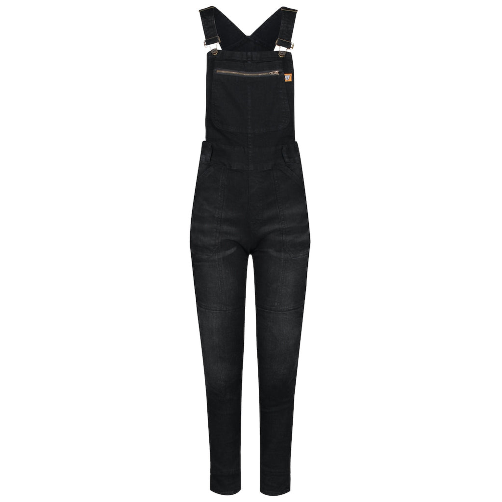 Black kevlar motorcycle overall for women from Motogirl with zipper pocket detail