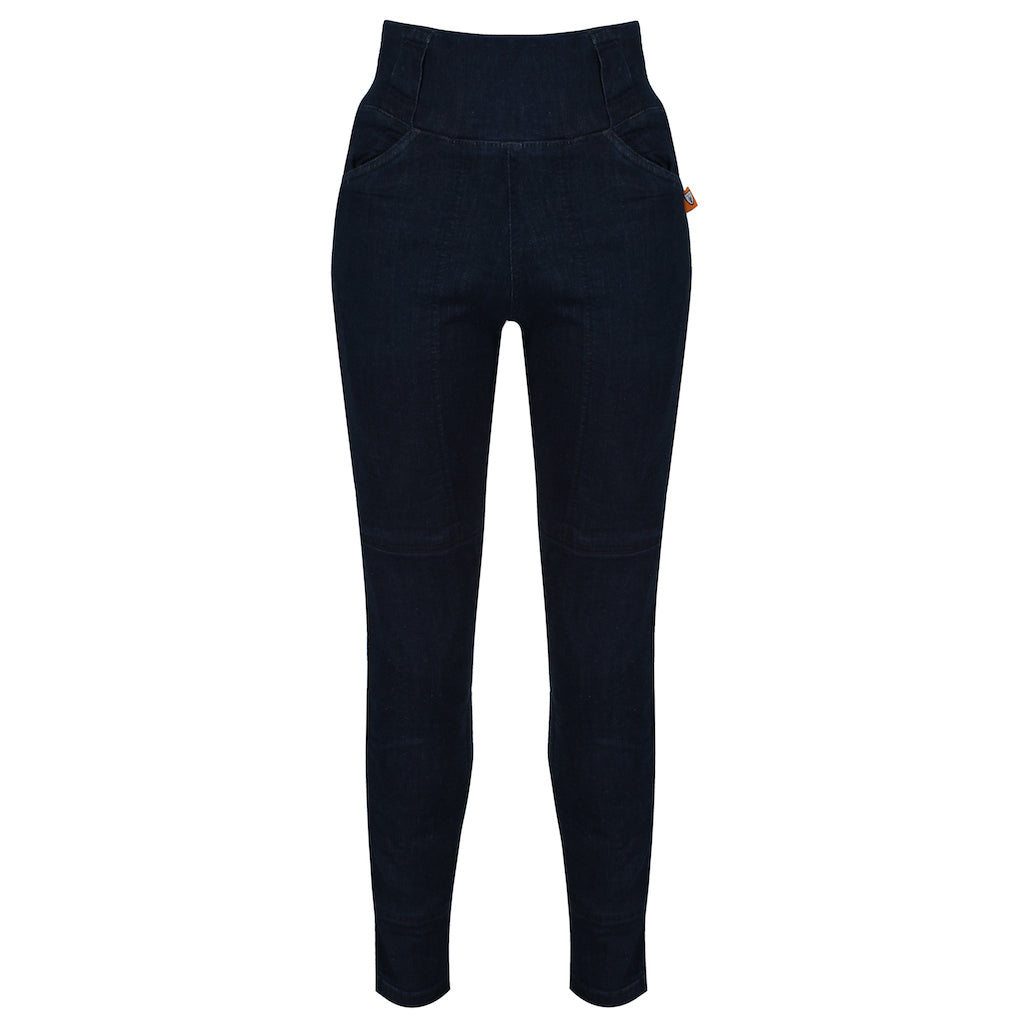 Blue female motorcycle jeggings with high waste from front