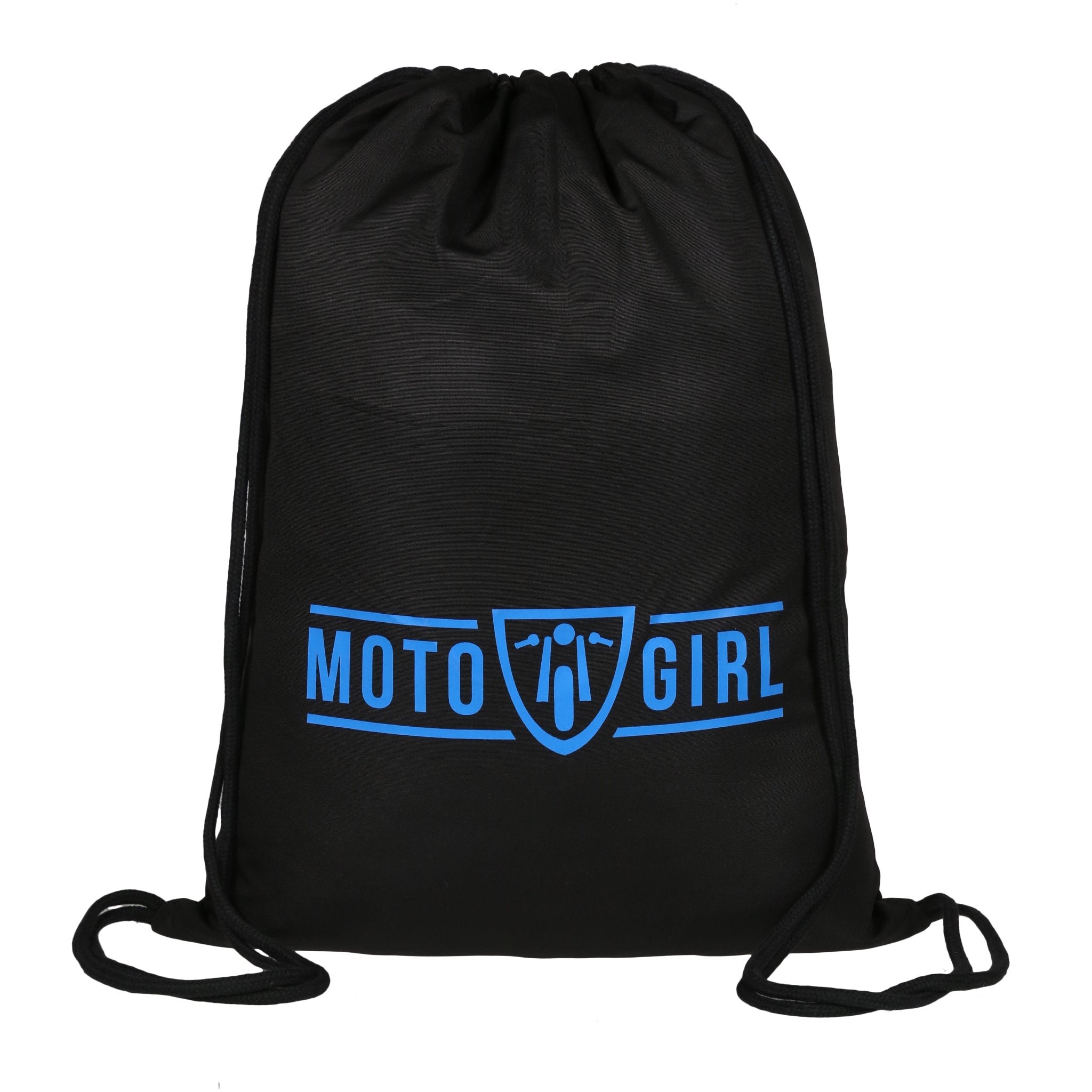 Black Moto Girl bag with blue text