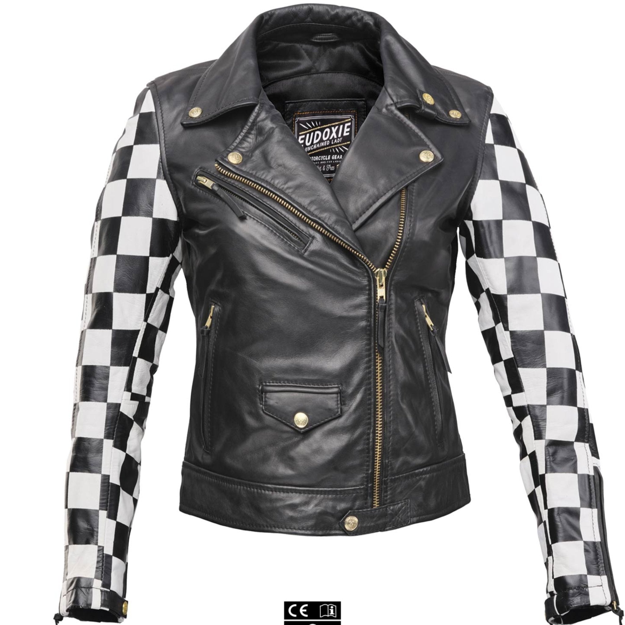 Checkboard design leather motorcycle jacket from eudoxie