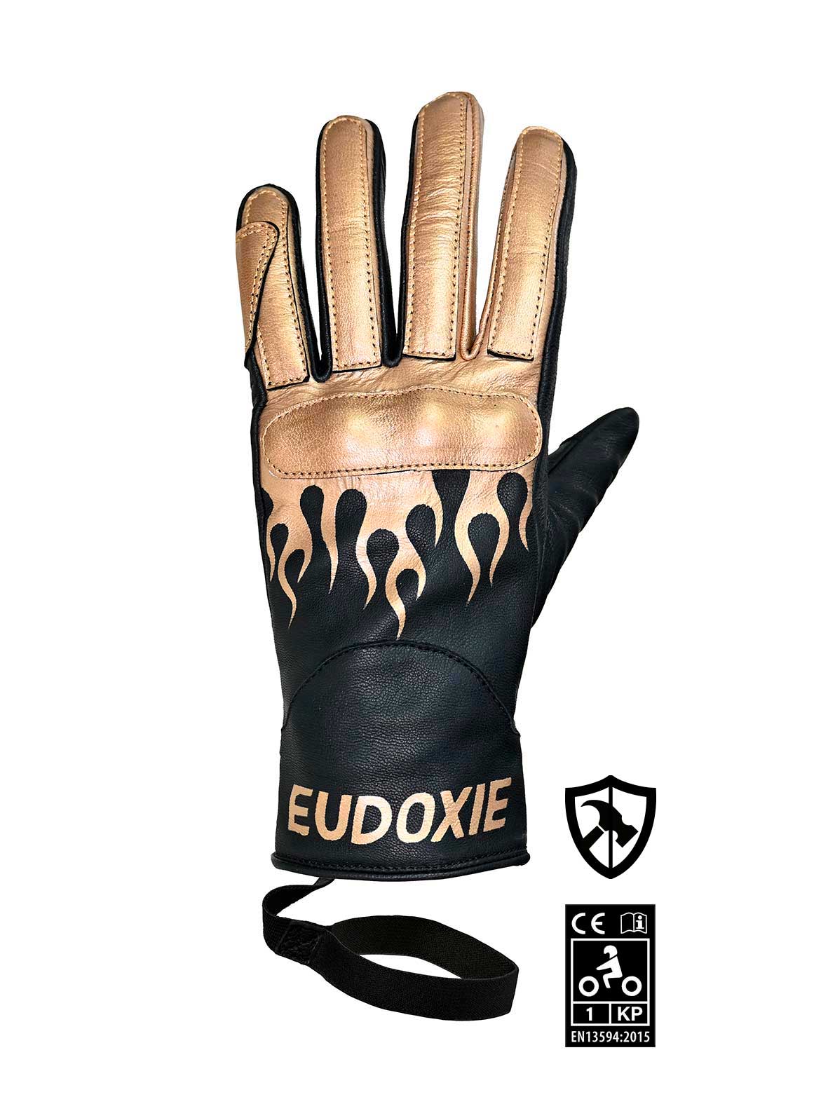 Black Women motorcycle gloves with golden flames from Eudoxie