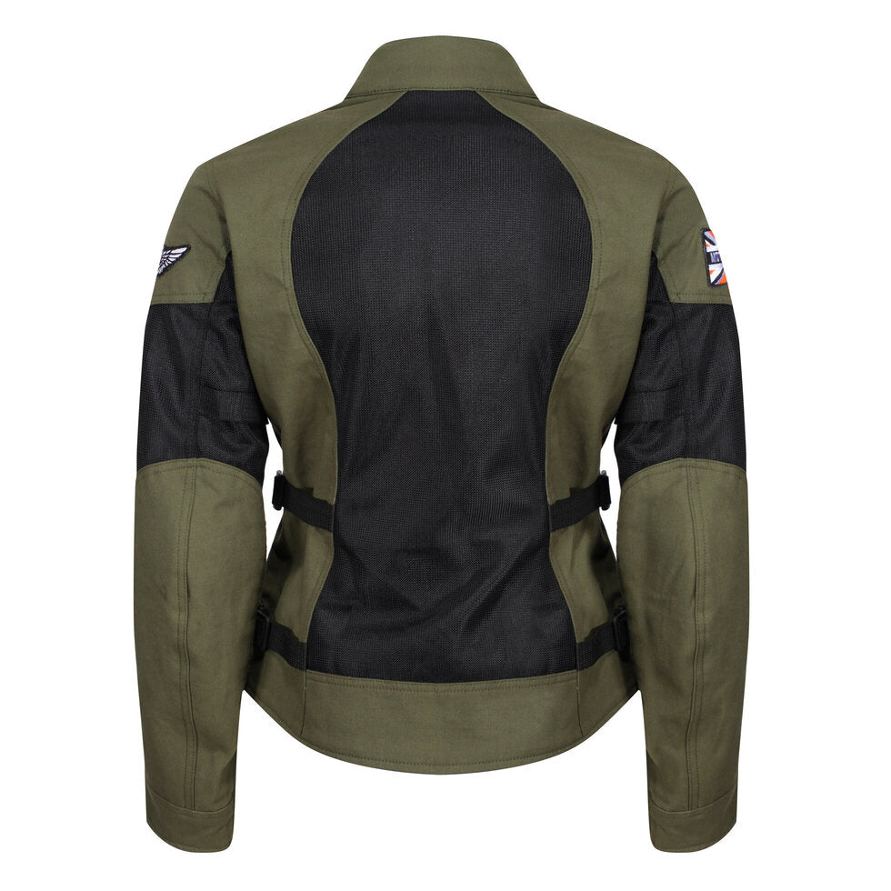 The back of Women&#39;s motorcycle summer mesh jacket in black and green from Moto Girl
