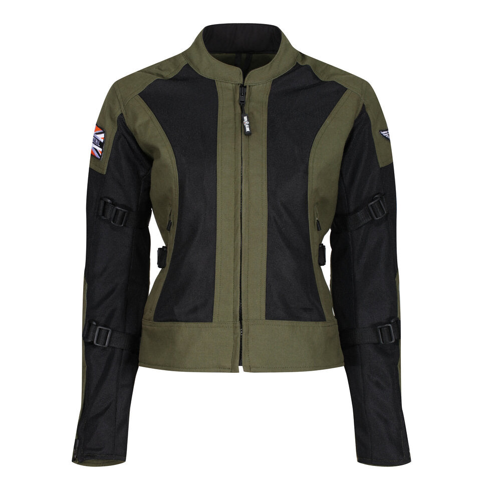 The front of Women&#39;s motorcycle summer mesh jacket in black and green from Moto Girl