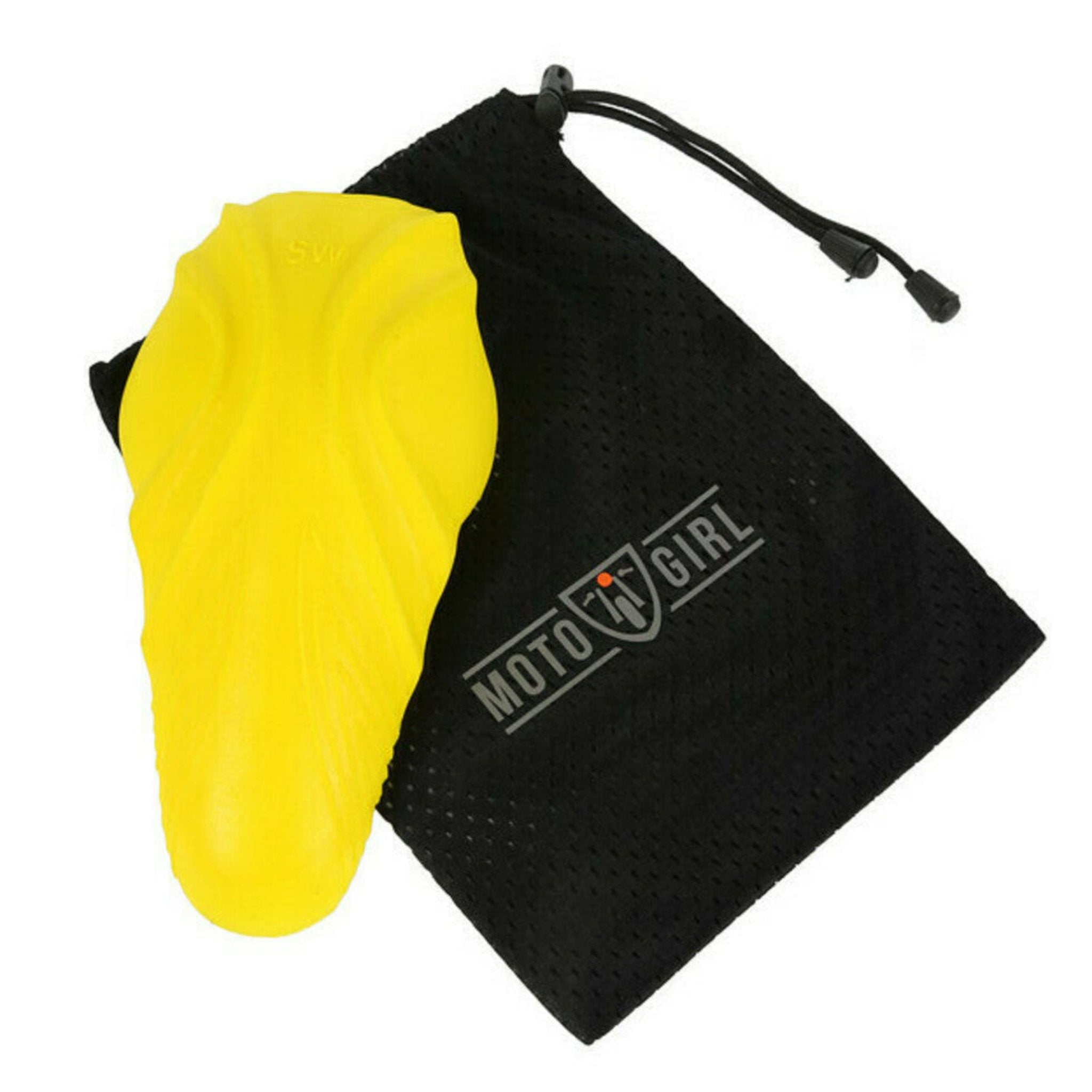 Yellow knee protectors and a black bag with moto girl logo