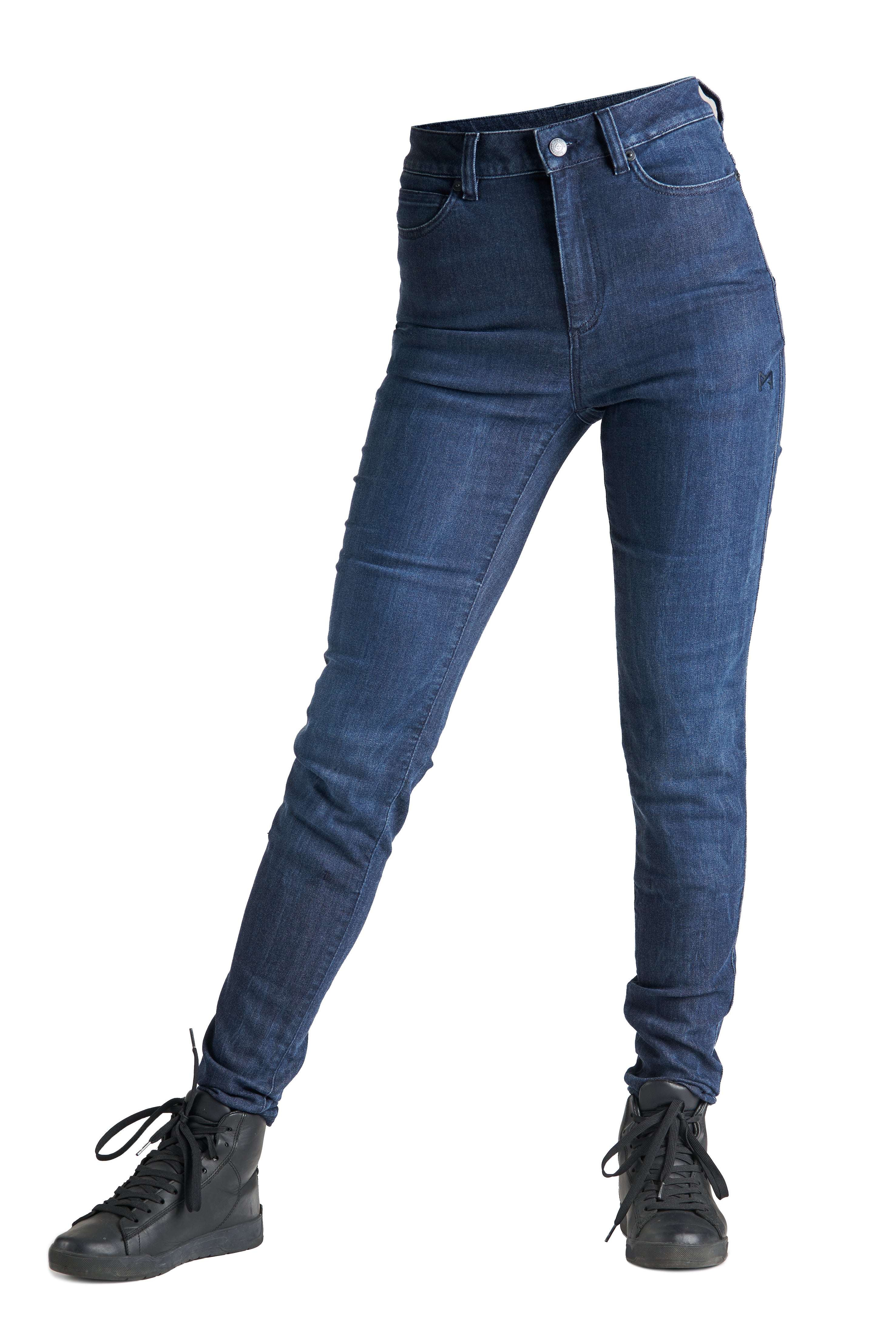 Woman&#39;s motorcycle blue jeans
