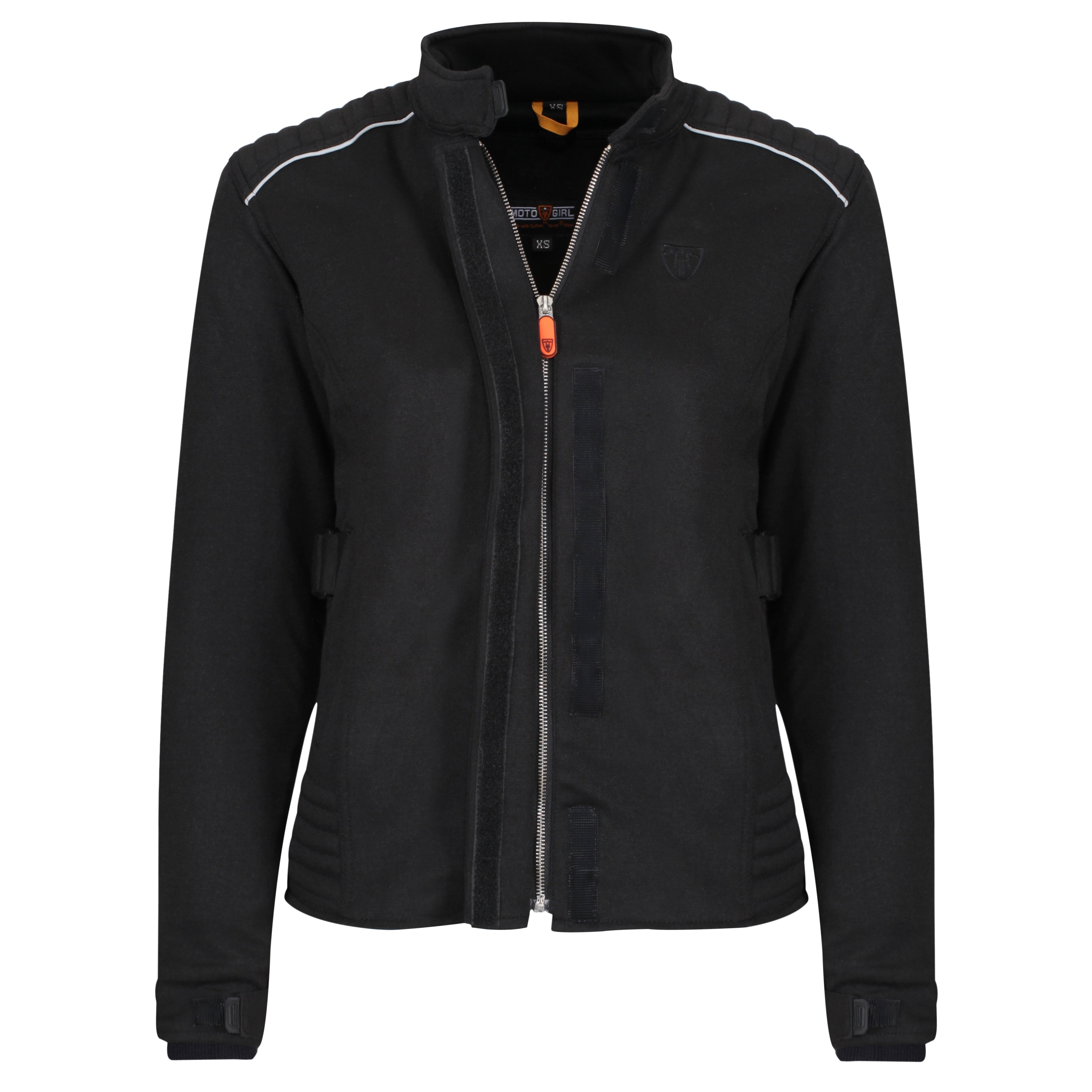 Women&#39;s textile black motorcycle jacket unzipped 