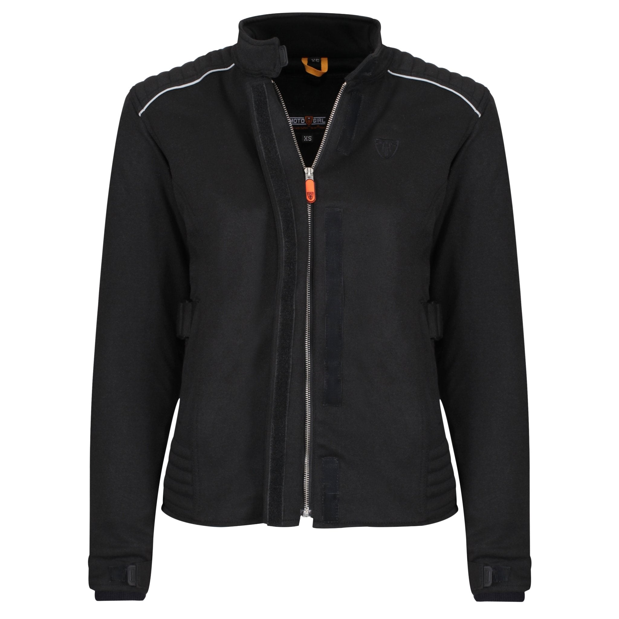 Women&#39;s textile black motorcycle jacket unzipped orange zip from moto girl