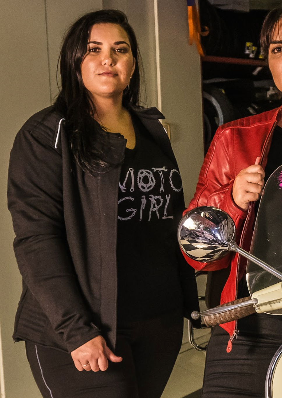 Two women wearing women&#39;s motorcycle clothes from Moto Girl