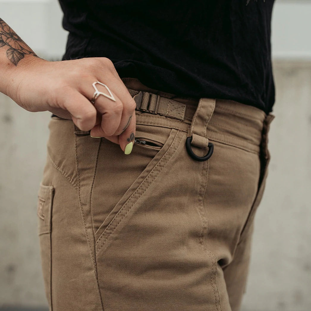 A close up of the pockets on beige women&#39;s motorcycle cargo pants from mOTO gIRL 
