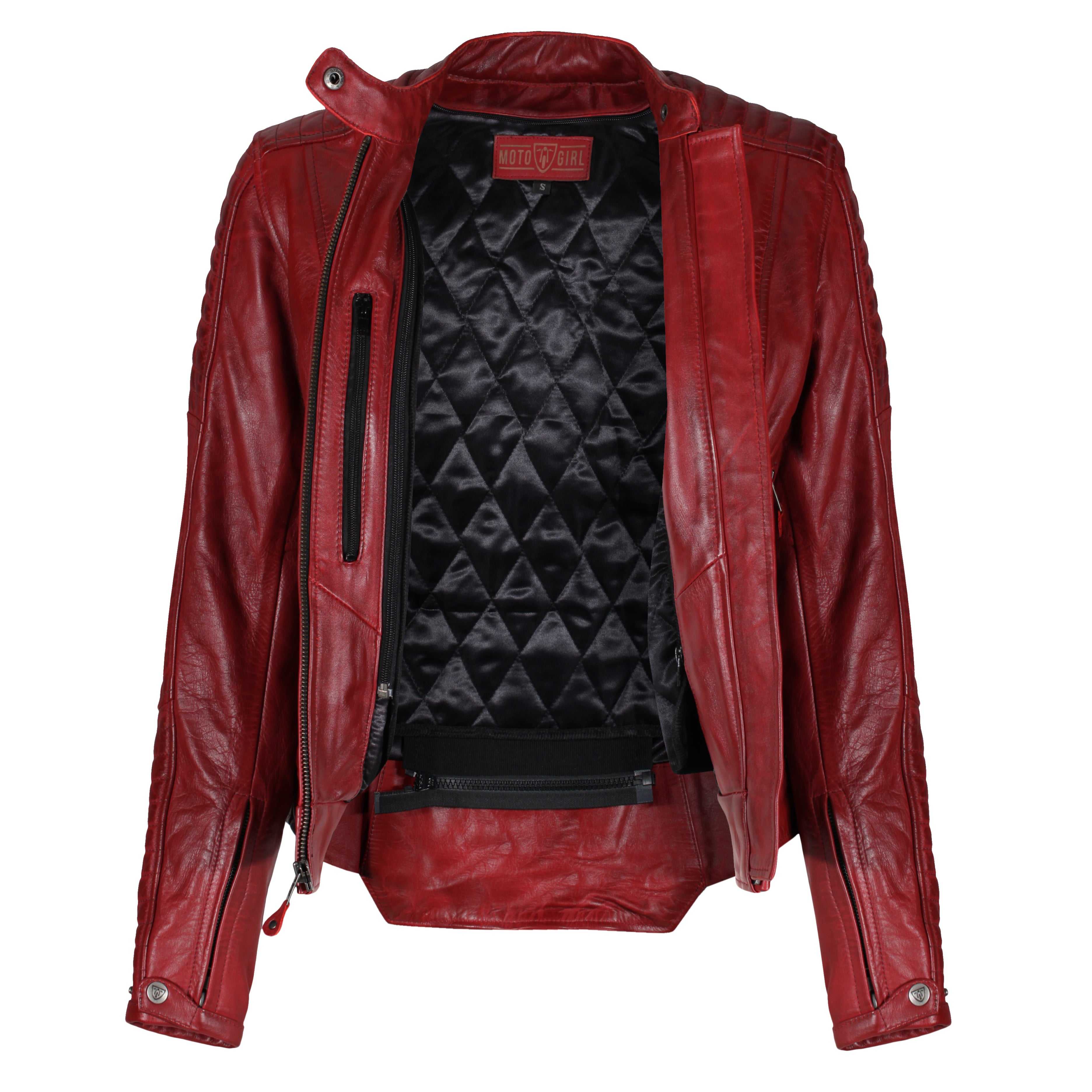 Unzipped red Valerie motorcycle leather jacket from Moto Girl