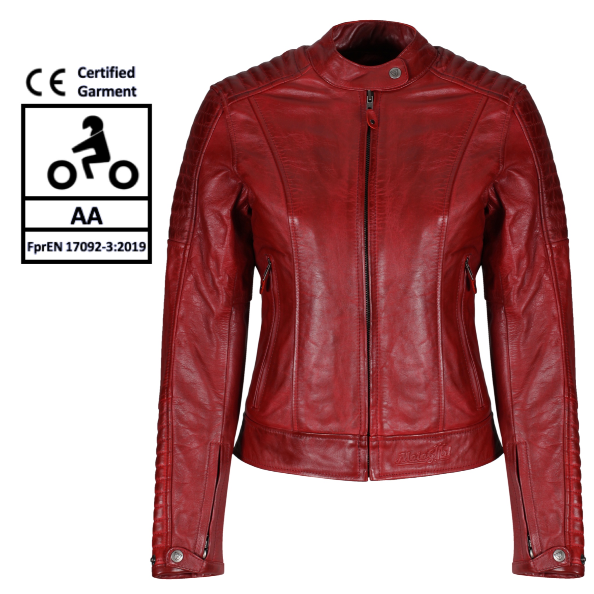 Red Valerie motorcycle leather jacket from Moto Girl with AA safety certificate 