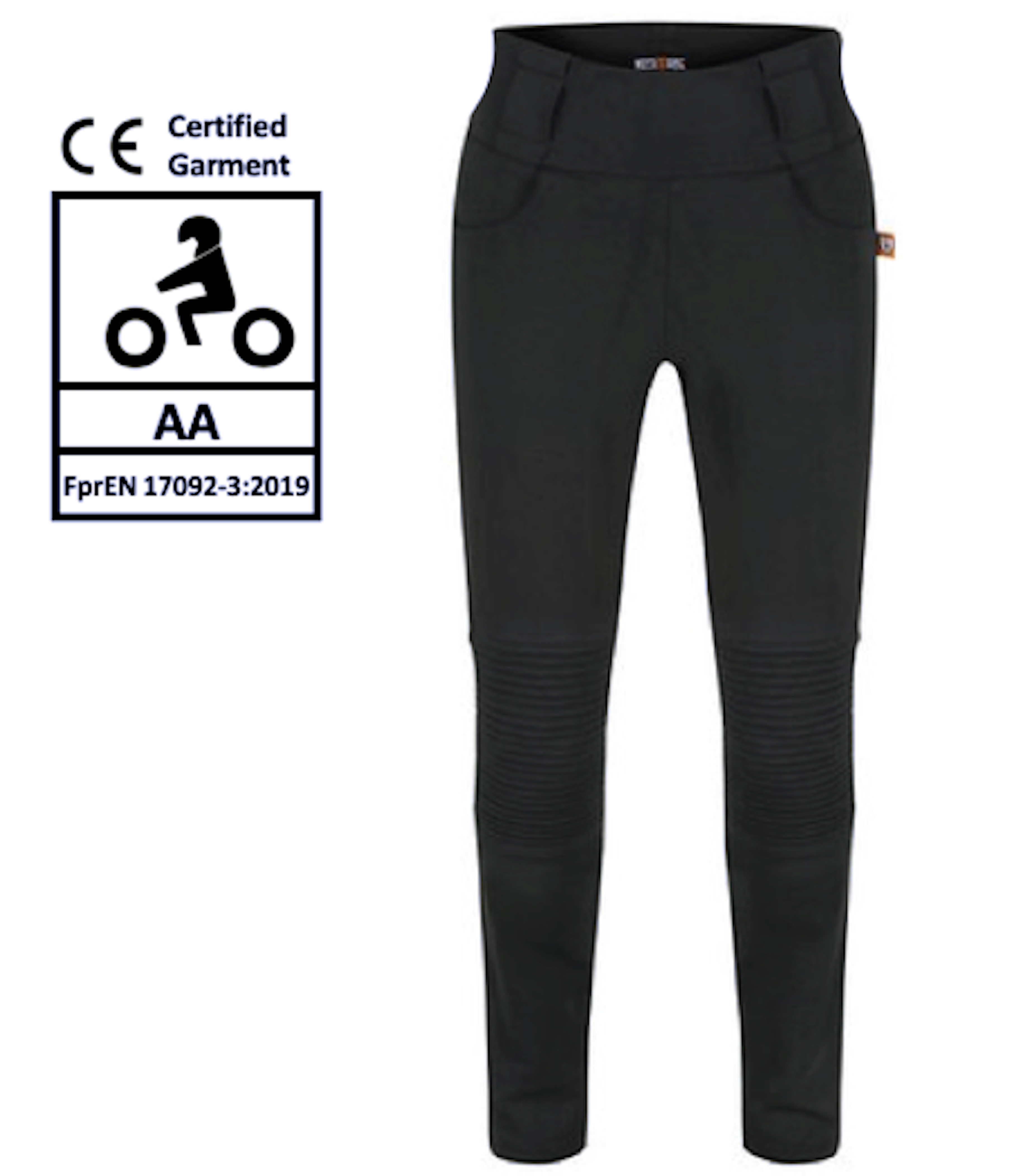 black women&#39;s motorcycle ribbed knee design leggings  from MotoGirl from the front with certification details