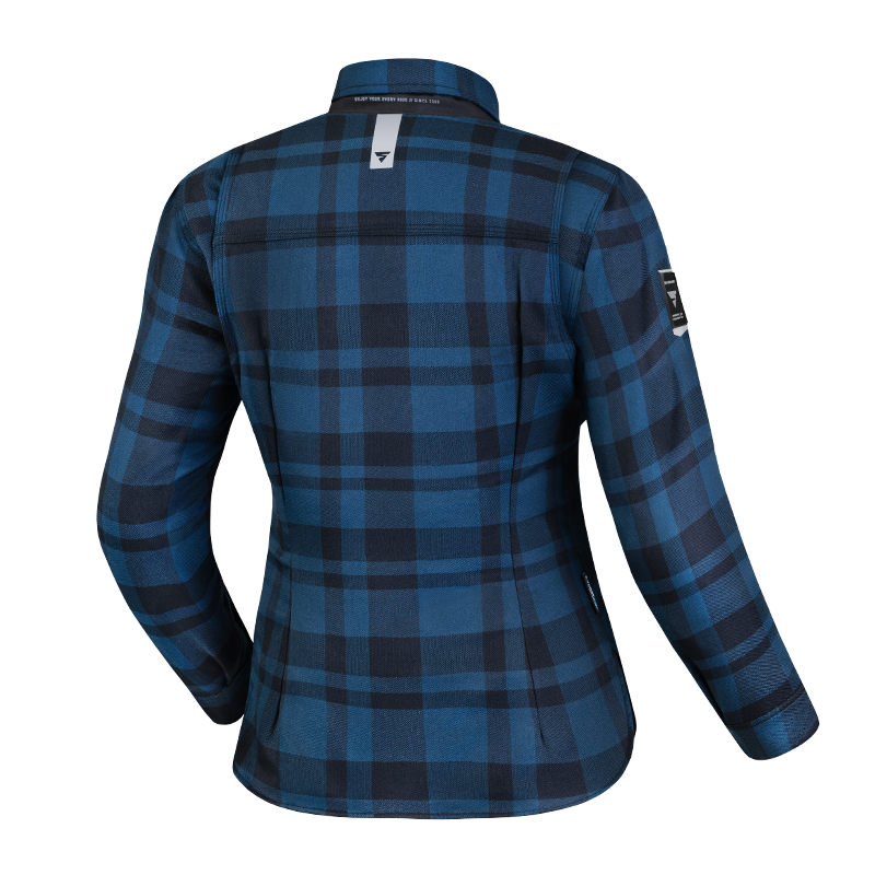 The back of Blue lumberjack women&#39;s motorcycle shirt from Shima