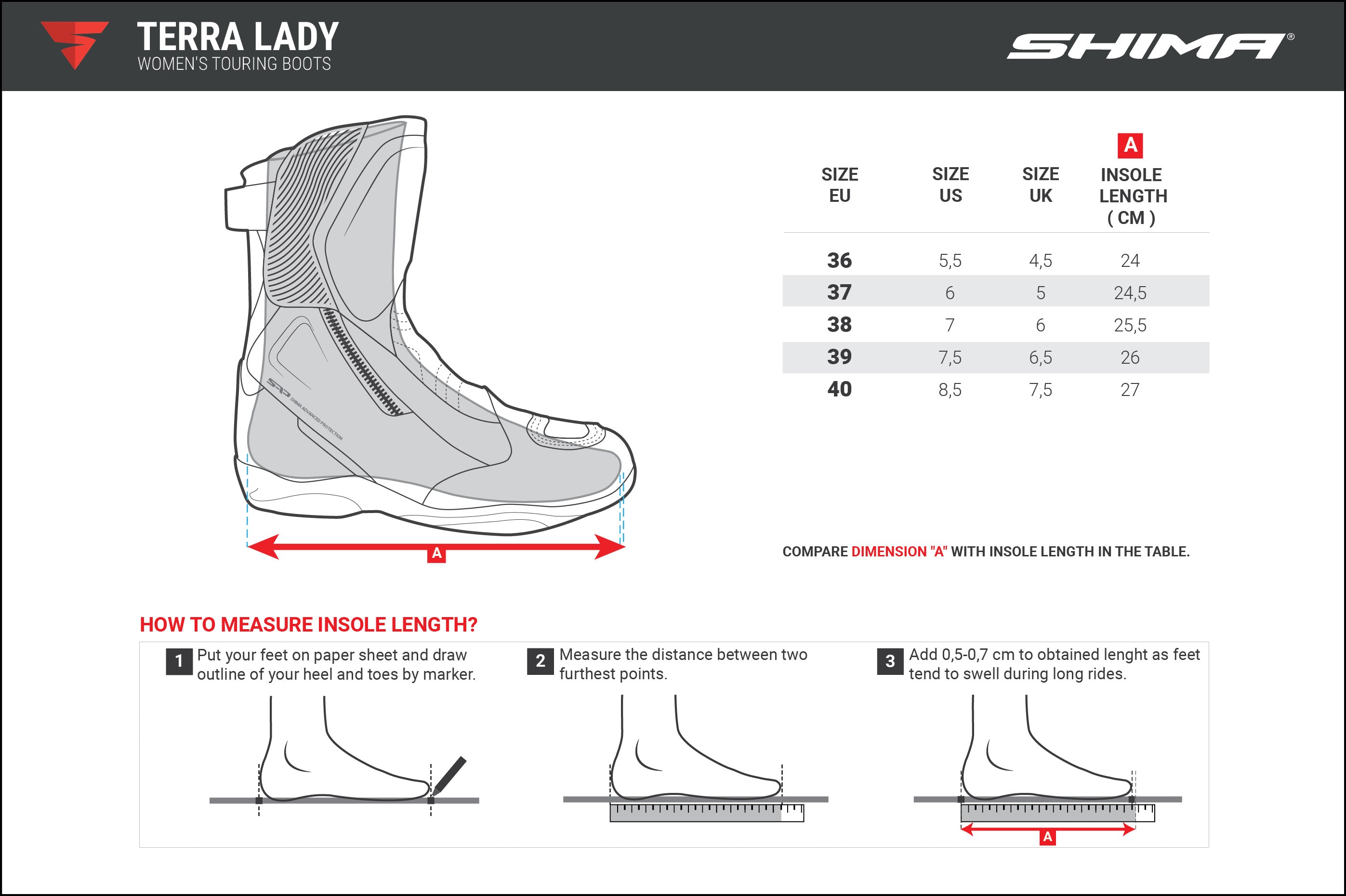 Size chart of a Black women motorcycle touring boots from Shima