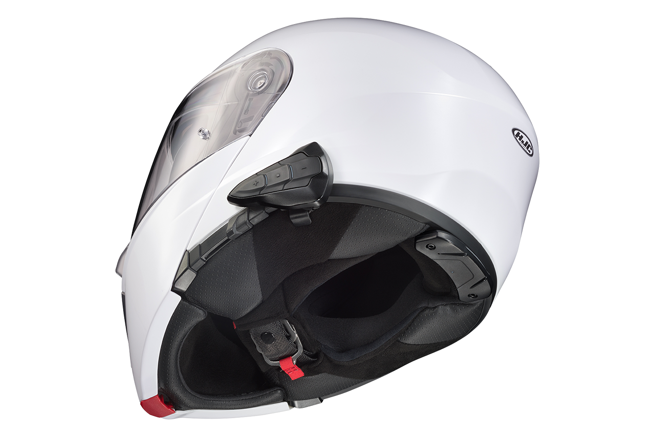 A HJC helmet with bluetooth communication system for helmet