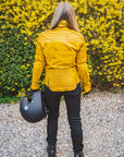 Woman's back wearing yellow women's motorcycle jacket