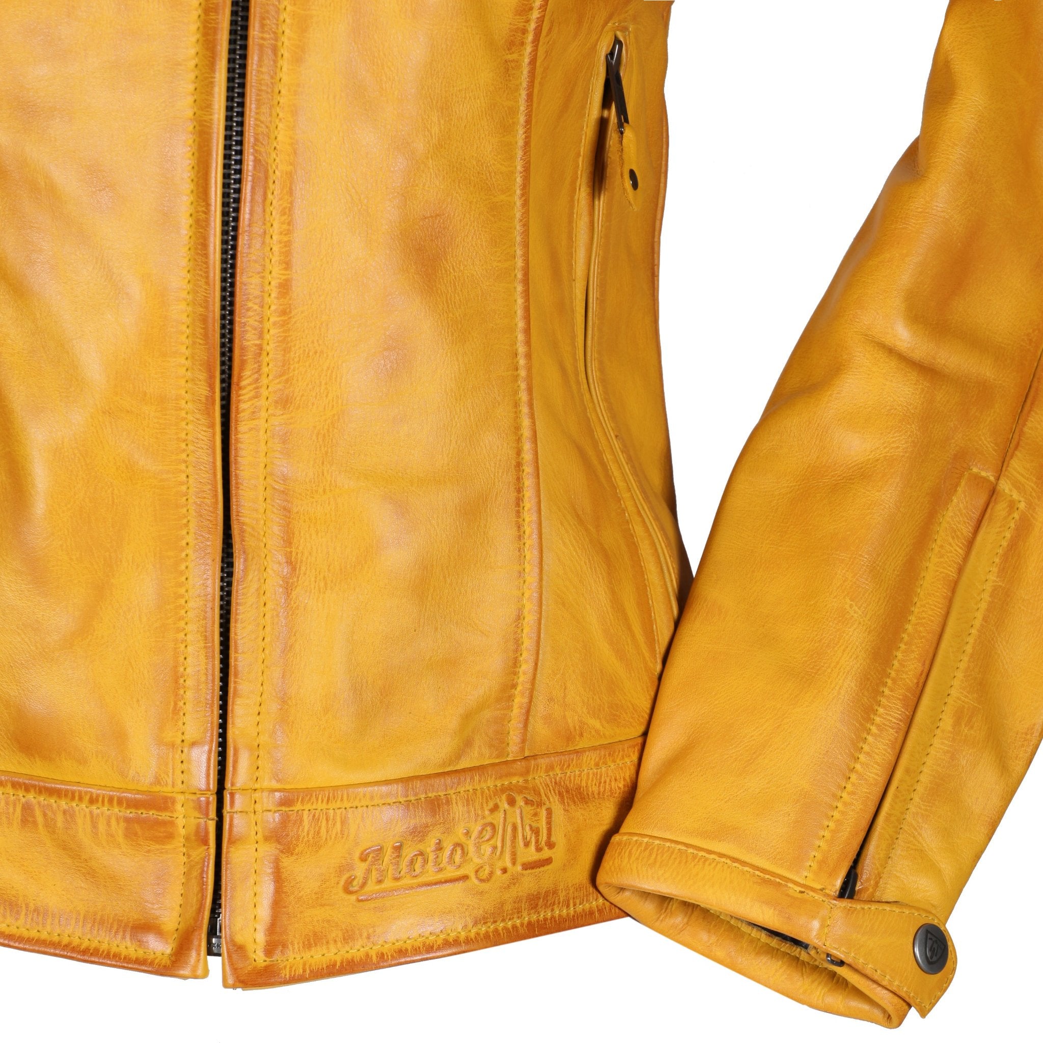 close shot of the sleeves of yellow Valerie motorcycle leather jacket from Moto Girl