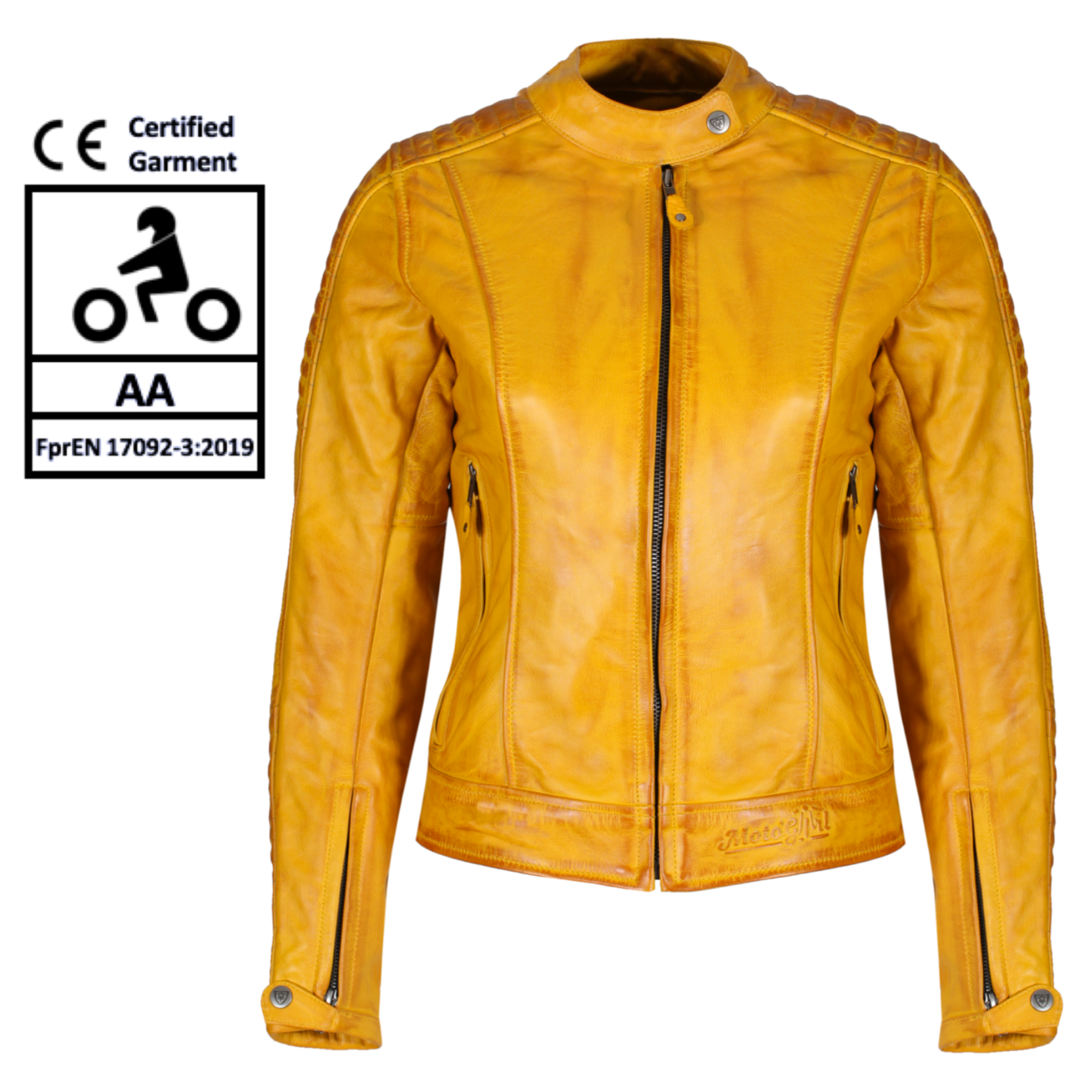 yellow leather women's motorcycle jacket with reflectors on the sleeves from Moto Girl, featuring safety ratings.