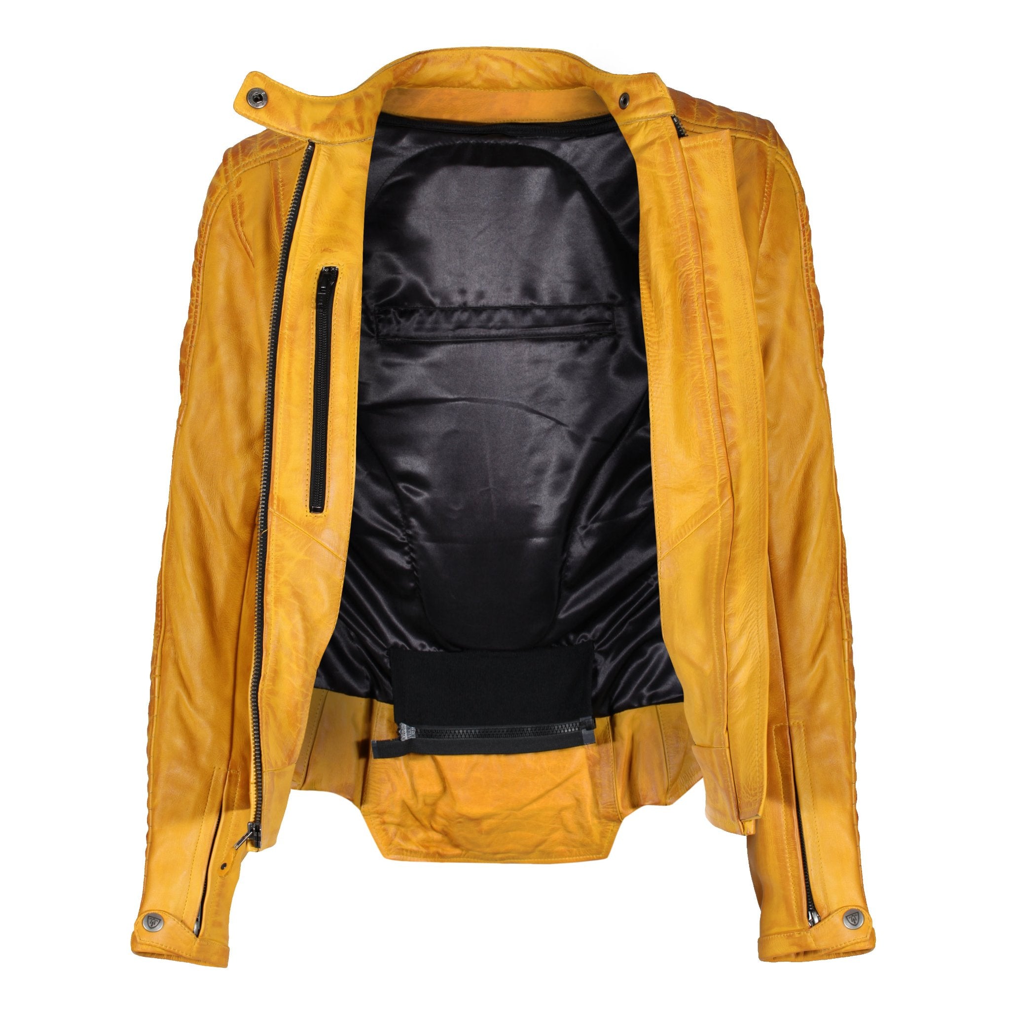 Yellow open leather motorcycle jacket with the interior visible, for women from Moto Girl.