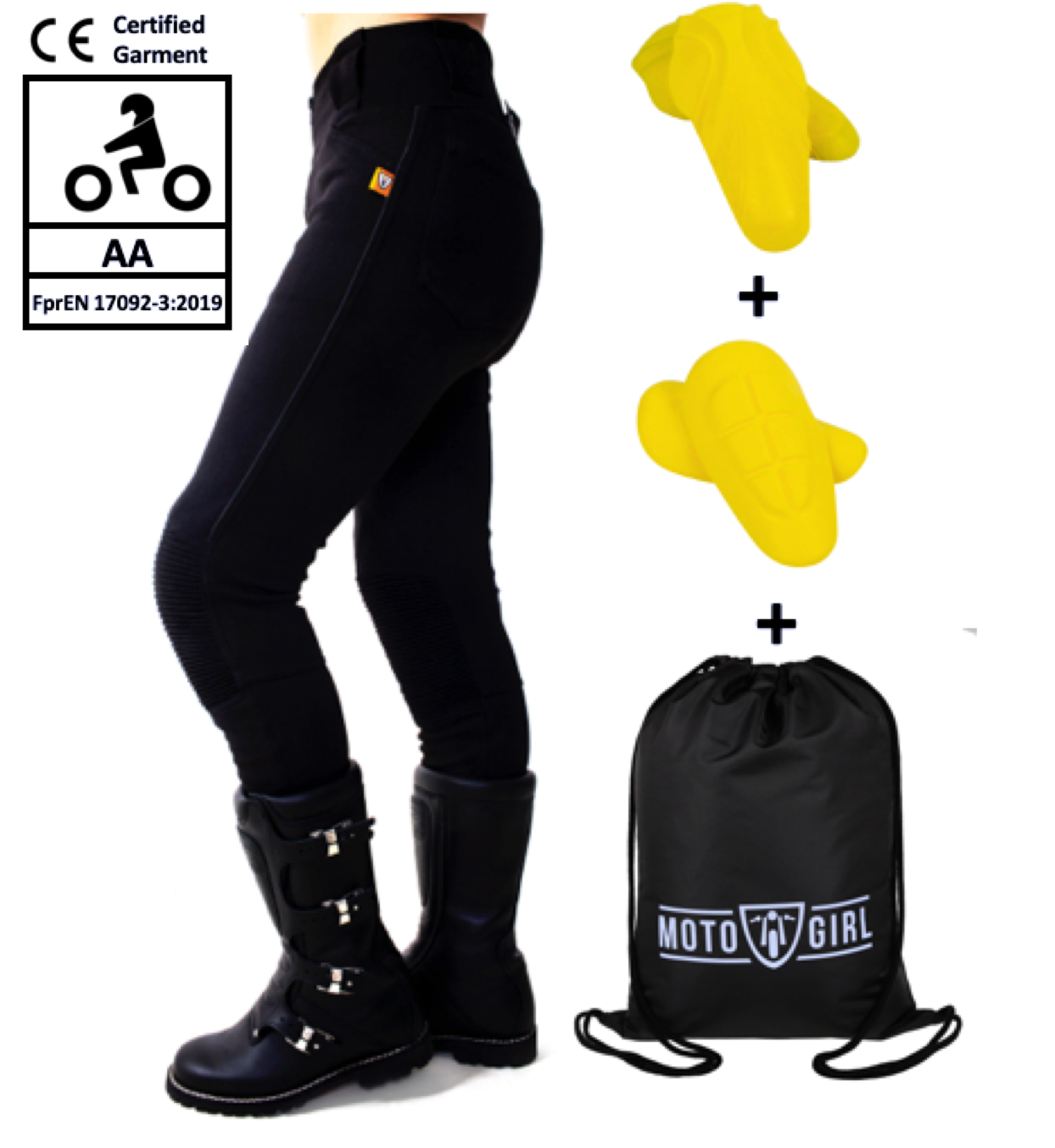 Woman&#39;s legs  with motorcycle leggings and boots and the MotoGirl bag with protectors